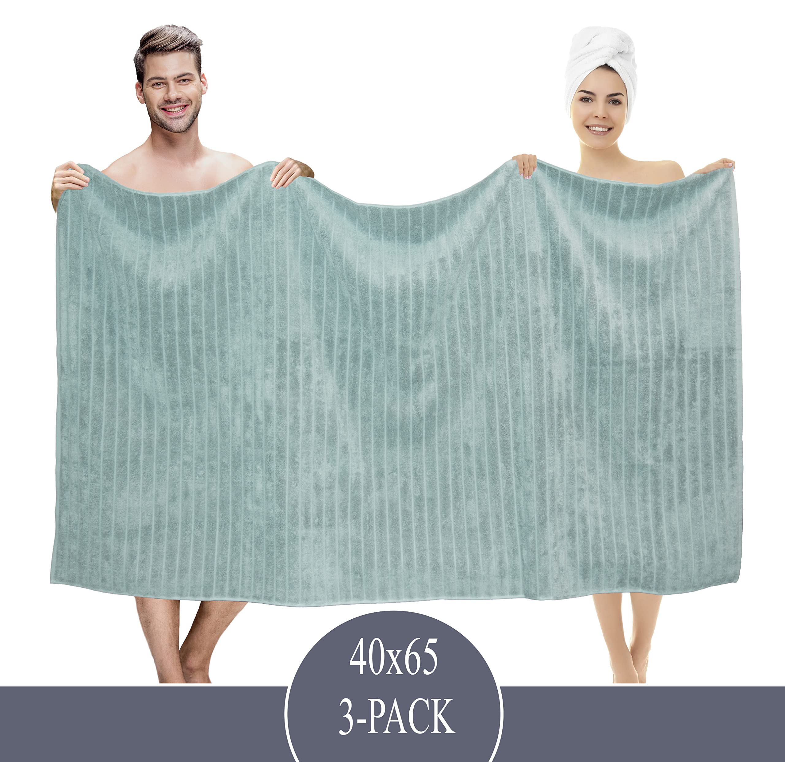 Classic Turkish Towels - Extra Large Premium Cotton Bath Sheet Set - Thick and Absorbent  Ribbed 3-Piece Luxury Bathroom Towels  40x65 inches  100% Turkish Cotton (Spa Green)