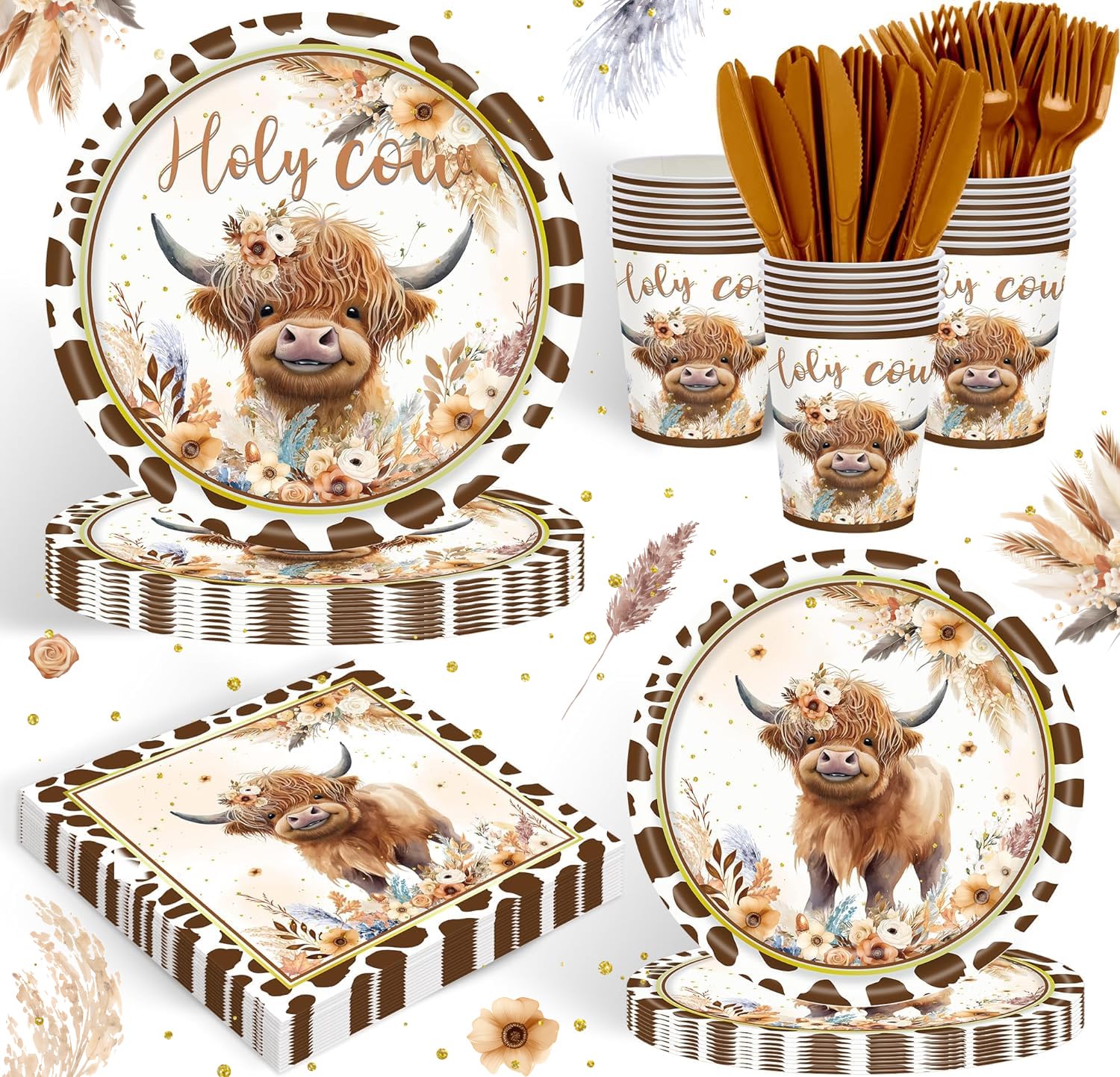 120Pcs Boho Highland Cow Party Supplies For Boys Girls Holy Cow Highland Themed Baby Shower Birthday Party Decorations Disposabl