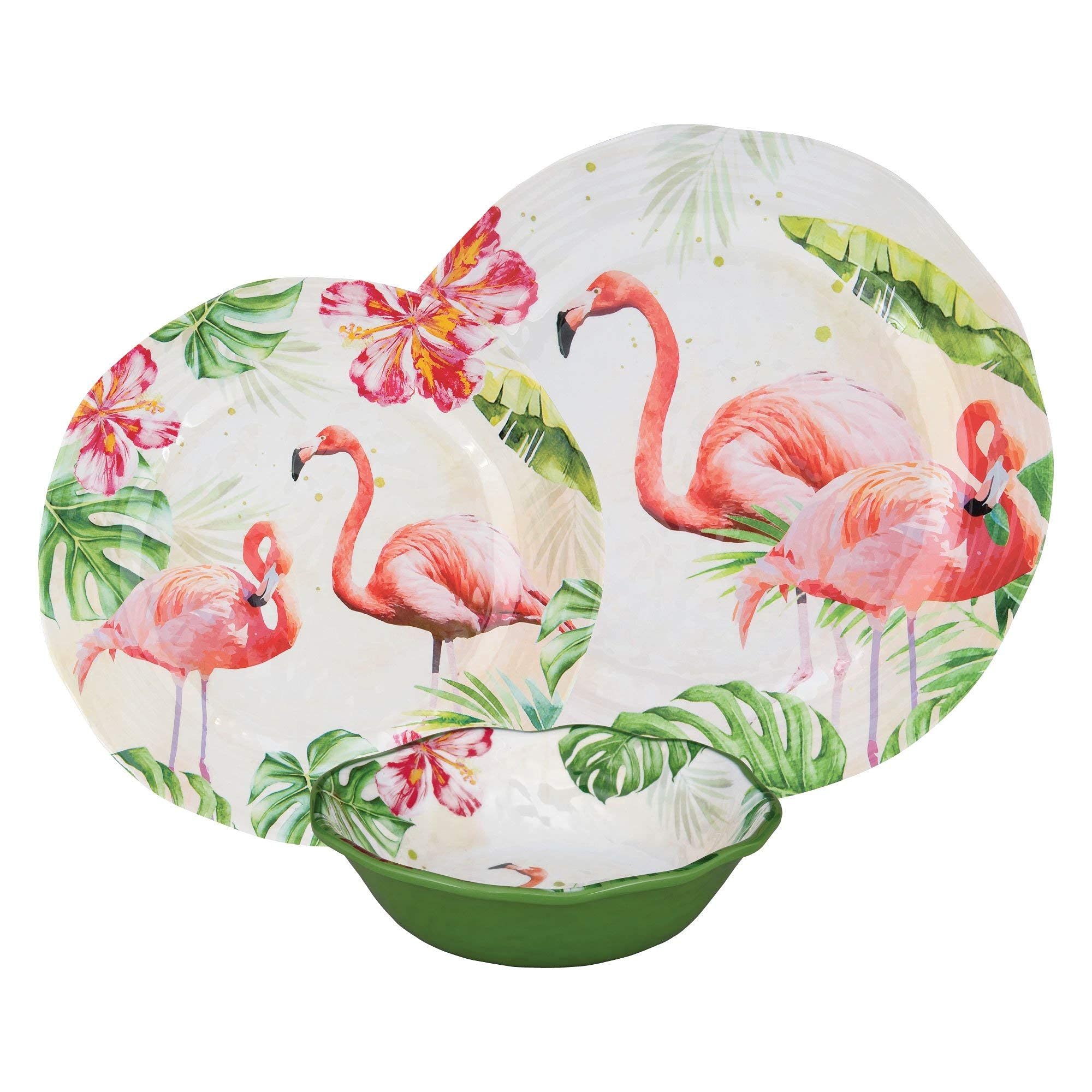 UPware 12-Piece Melamine Dinnerware Set, Includes Dinner Plates, Salad Plates, Bowls, Service for 4 (Flamingo)