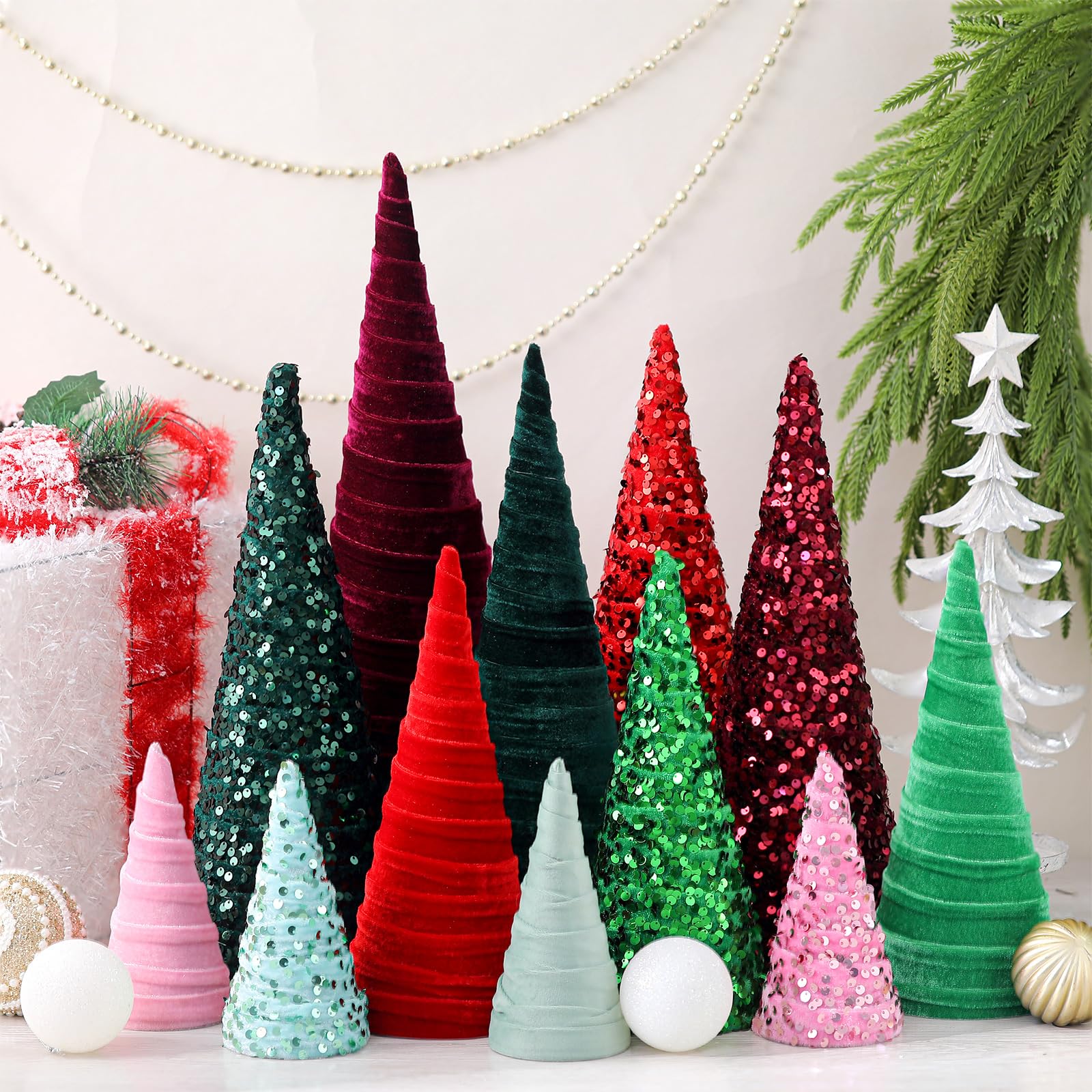 Ireer 12 Pcs Christmas Velvet Trees Set Various Size Velvet Cone Modern Decorations Indoor Table Tree Centerpiece Minimalist Xma