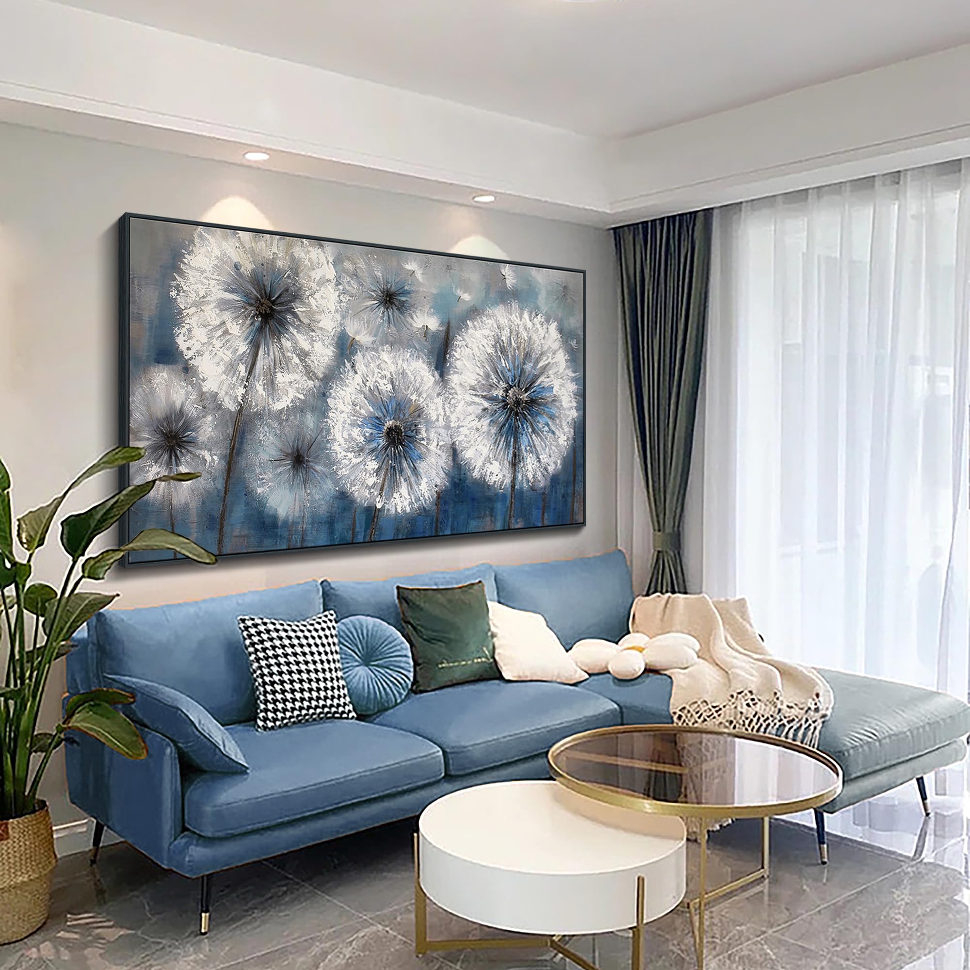 Pogusmavi Dandelion Wall Art Blue Wall Decor Painting Living Room Plant Pictures Framed Paintings For Wall Decorations Artwork F