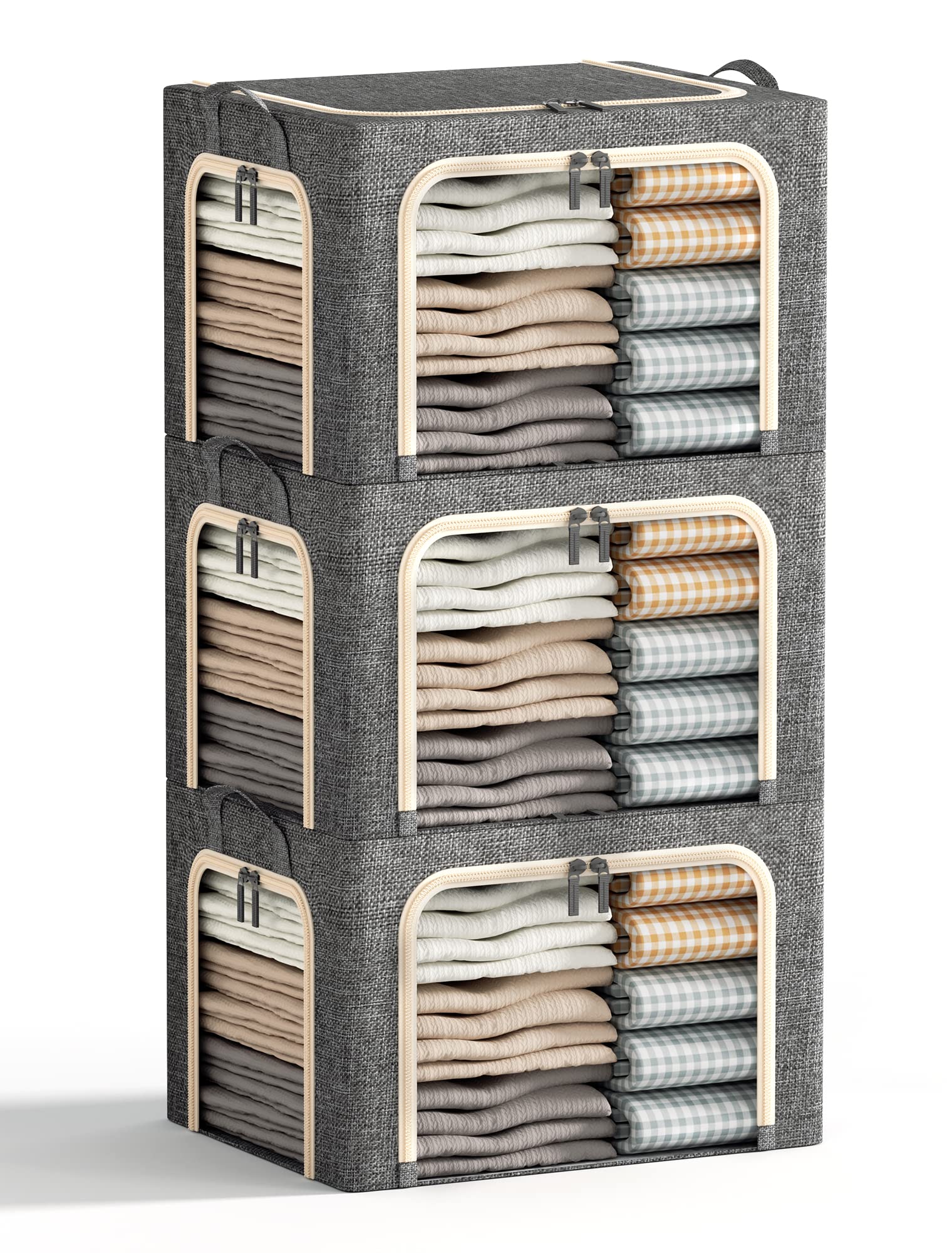 3 Openings Clothes Storage Bins with Metal Frame, Foldable Storage Bin for Clothes, Clothing Storage Bins with Lid, Linen Storag