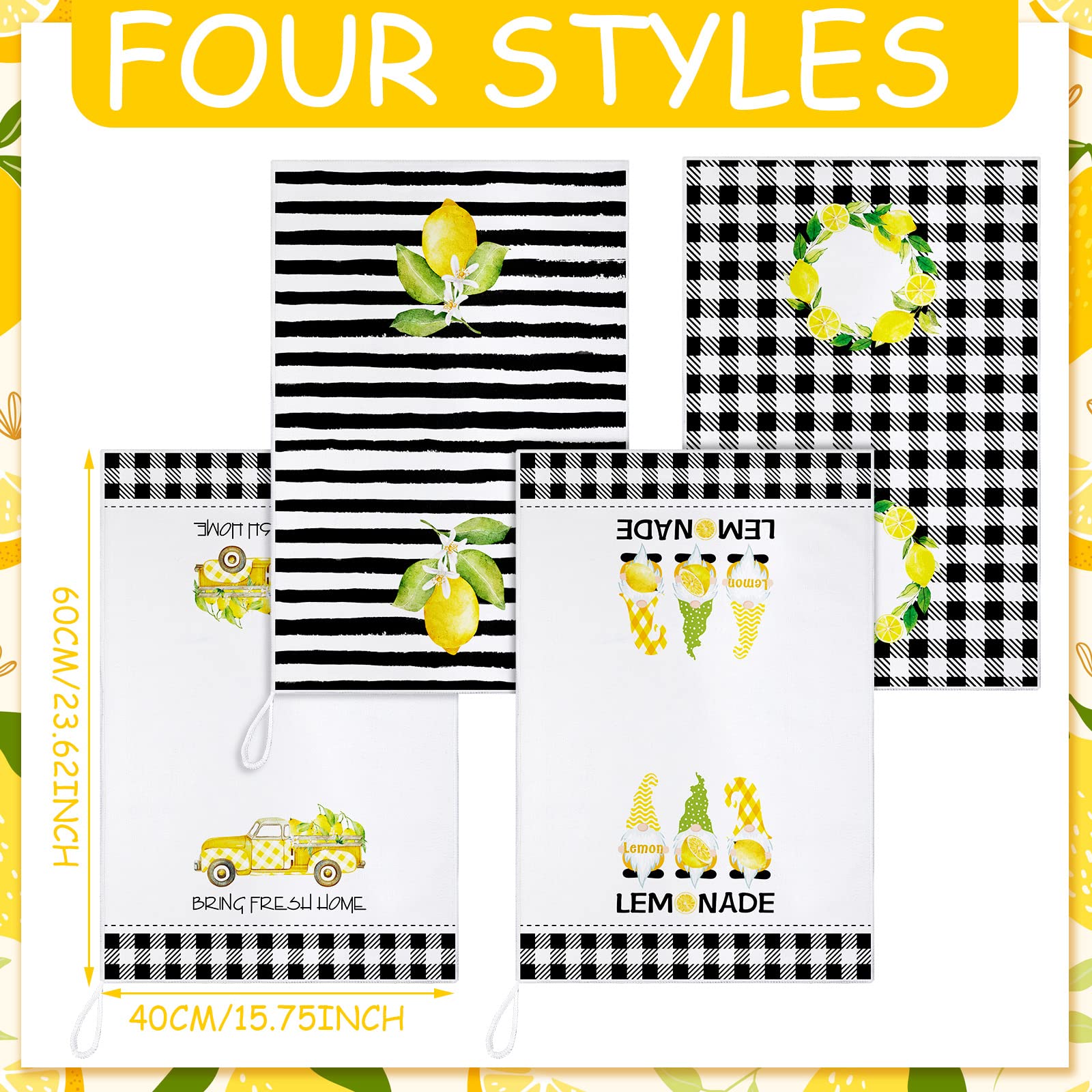 Bencailor 4 Pcs Sunflower Flower Spring Kitchen Towels Lemons Cat Floral Kitchen Dish Towels Kitchen Dish Cloths Fast Drying Kitchen Decor for Home Cooking Baking  16 x 24 Inch (Yellow Lemon)
