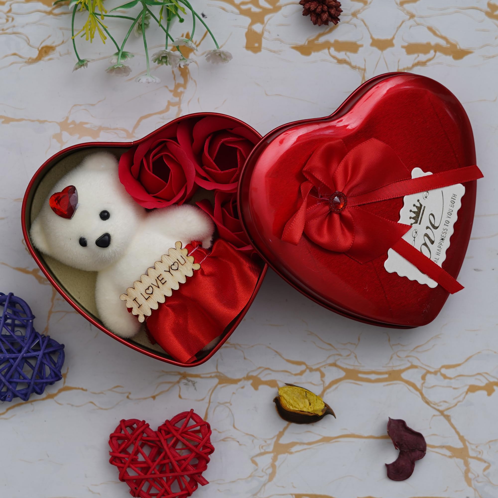 Ecraftindia Heart Shaped Valentines Day Gift Box With I Love You Message Teddy Bear 3 Red Roses| Valentine Gift For Girlfriend B