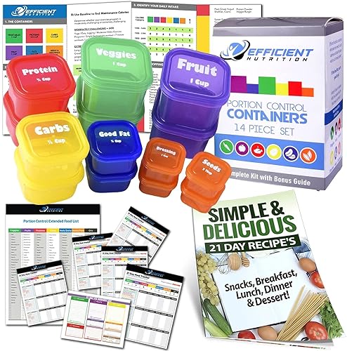 Efficient Nutrition Portion Control Containers Deluxe Kit (14-Piece) With Complete Guide + 21 Day Planner + Recipe Ebook Bpa Fre