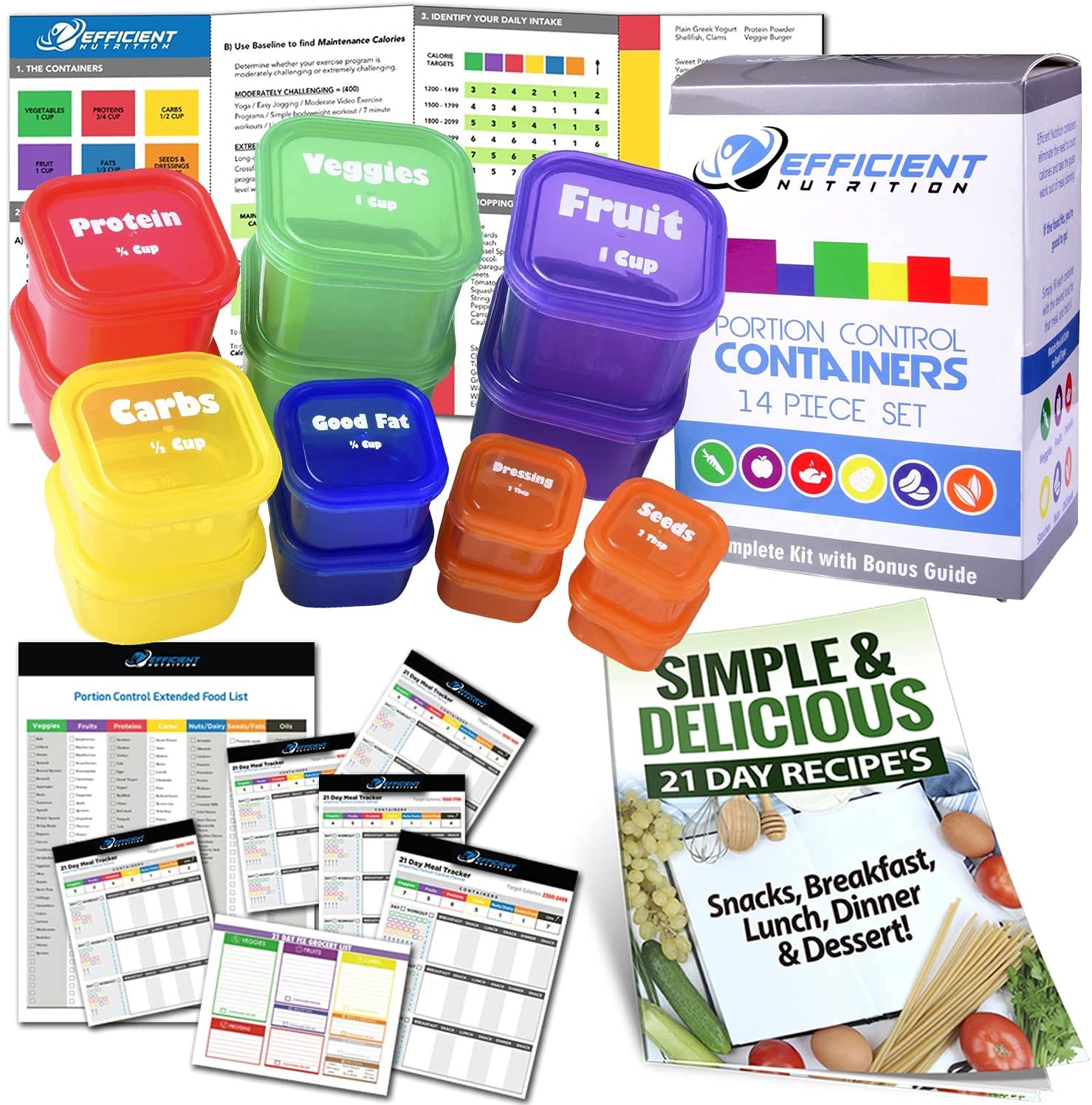 Efficient Nutrition Portion Control Containers Deluxe Kit (14-Piece) With Complete Guide + 21 Day Planner + Recipe Ebook Bpa Fre