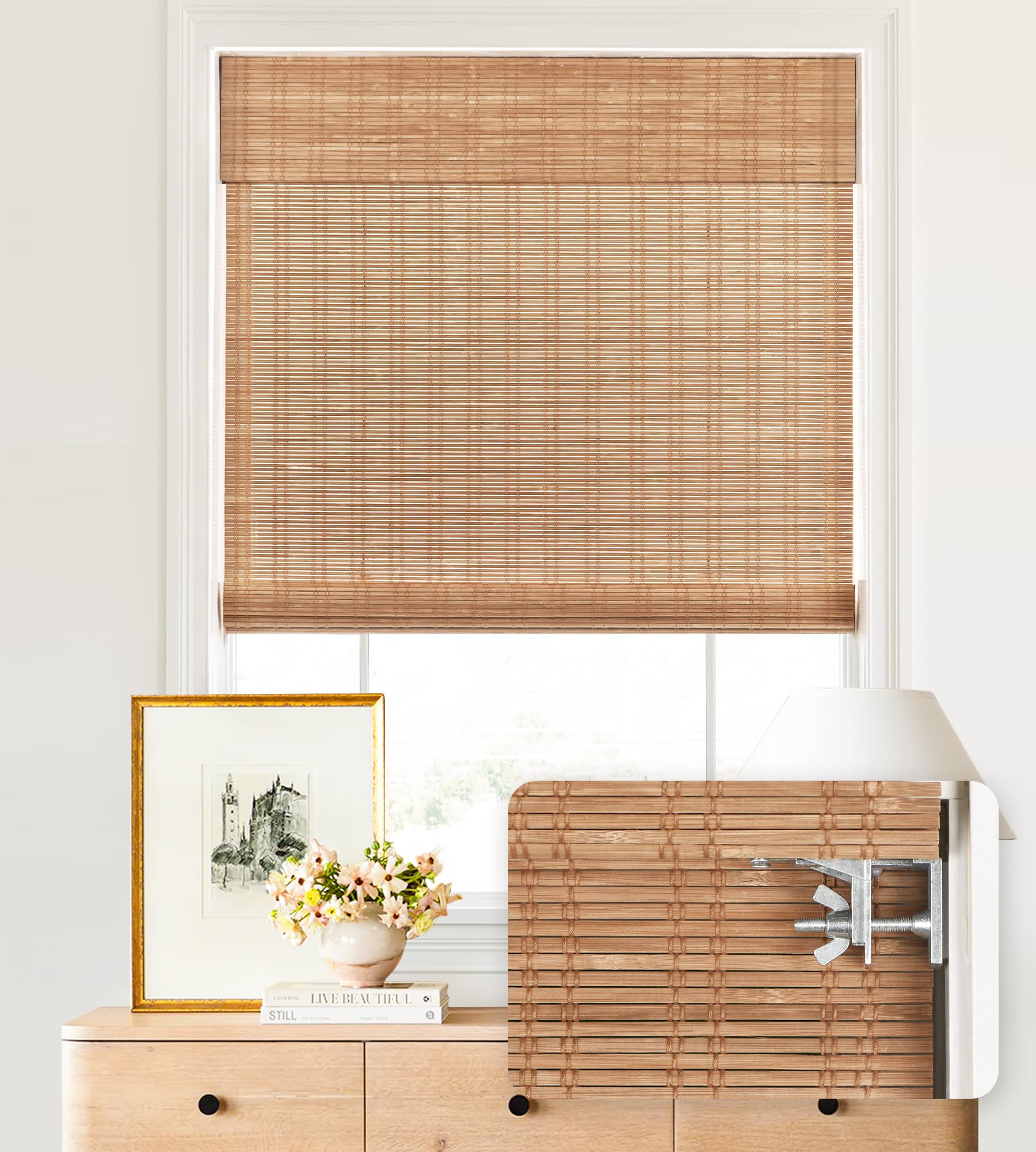 LazBlinds No Tools No Drill Cordless Bamboo Roman Shades, Light Filtering Window Treatment, Roll Up Bamboo Blinds for Windows 27