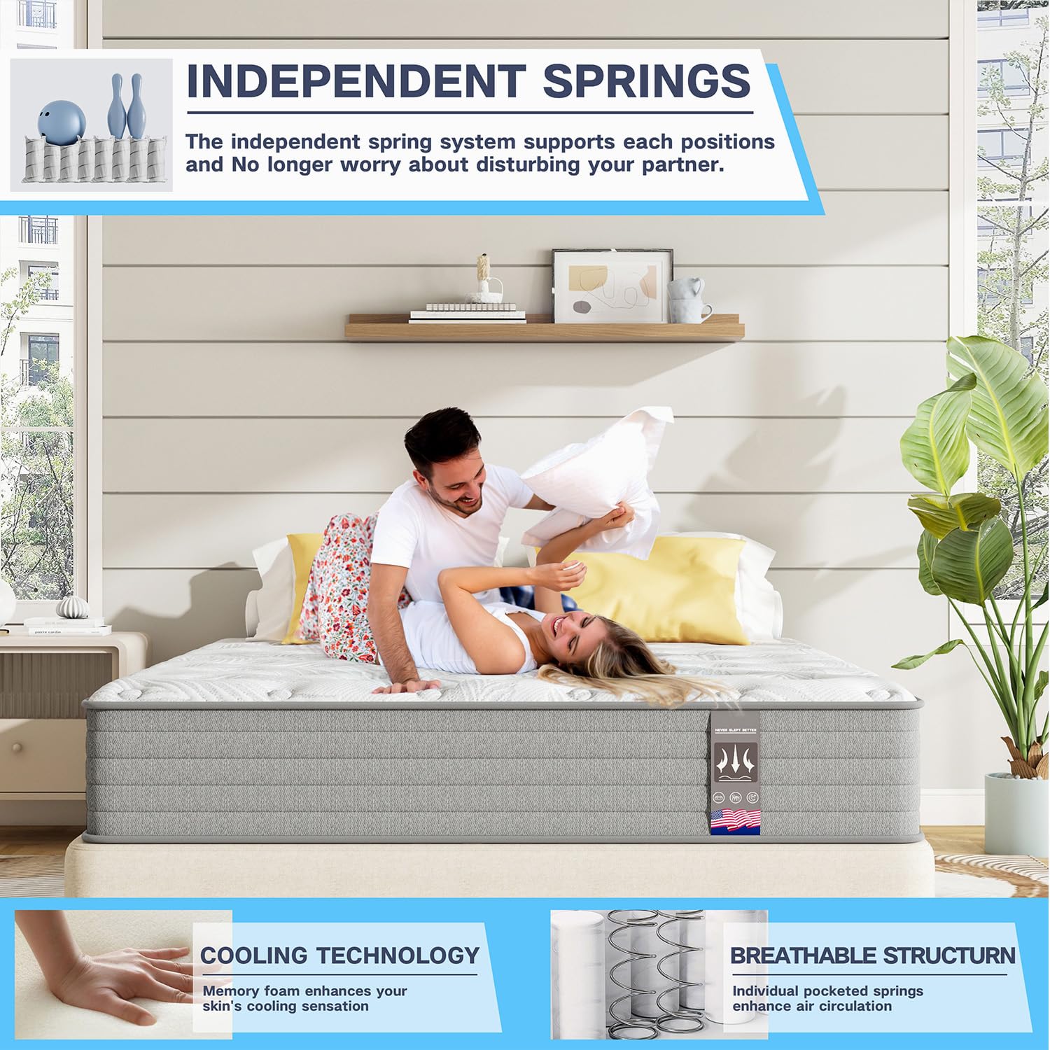 Queen Mattress,12 Inch Hybrid Queen Size Mattress In A Box With Gel Memory Foam,Individually Pocket Springs For Pressure Relief,