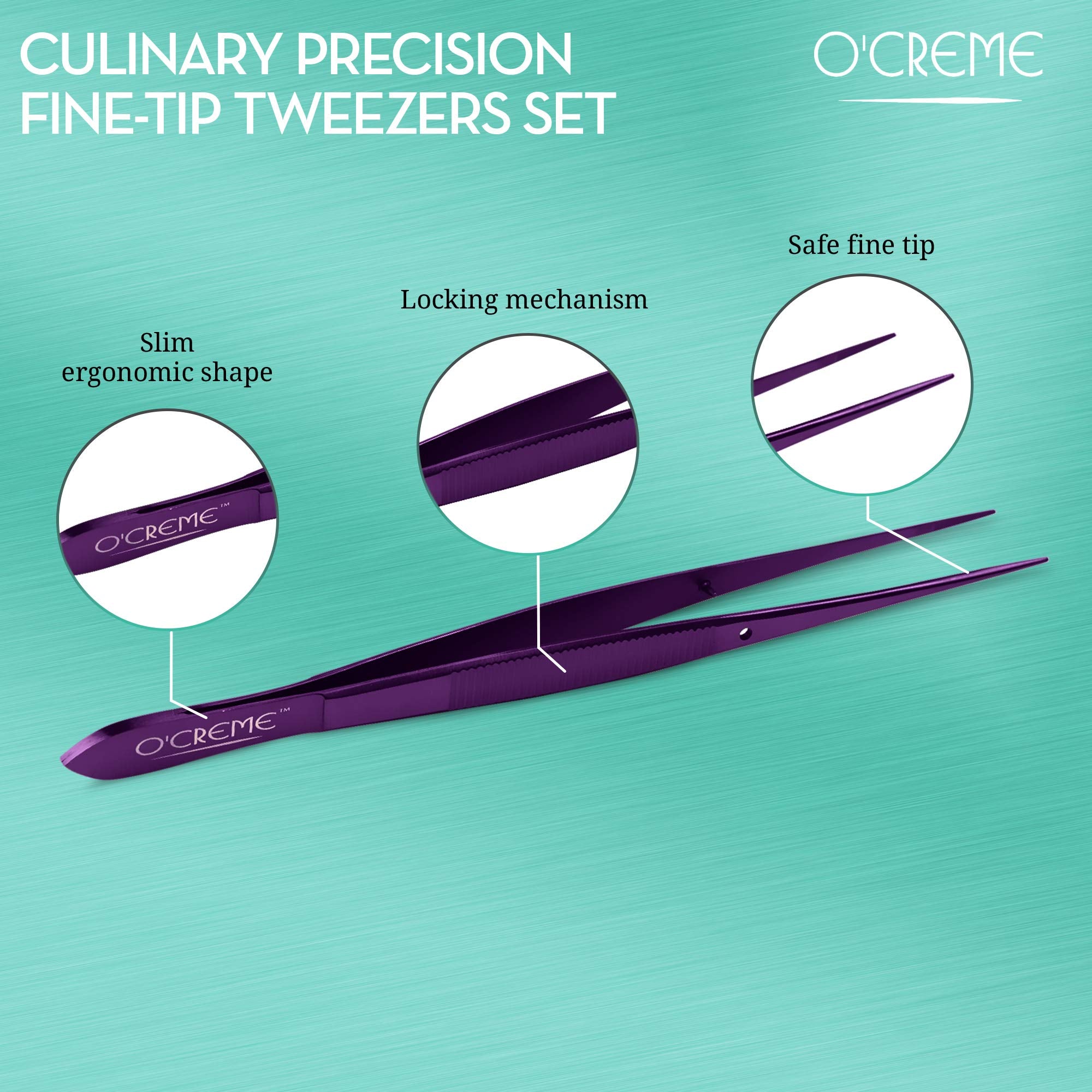 O'Creme Stainless Steel Precision Kitchen Tweezer Tongs 6.25'' with Fine Tip (Purple)
