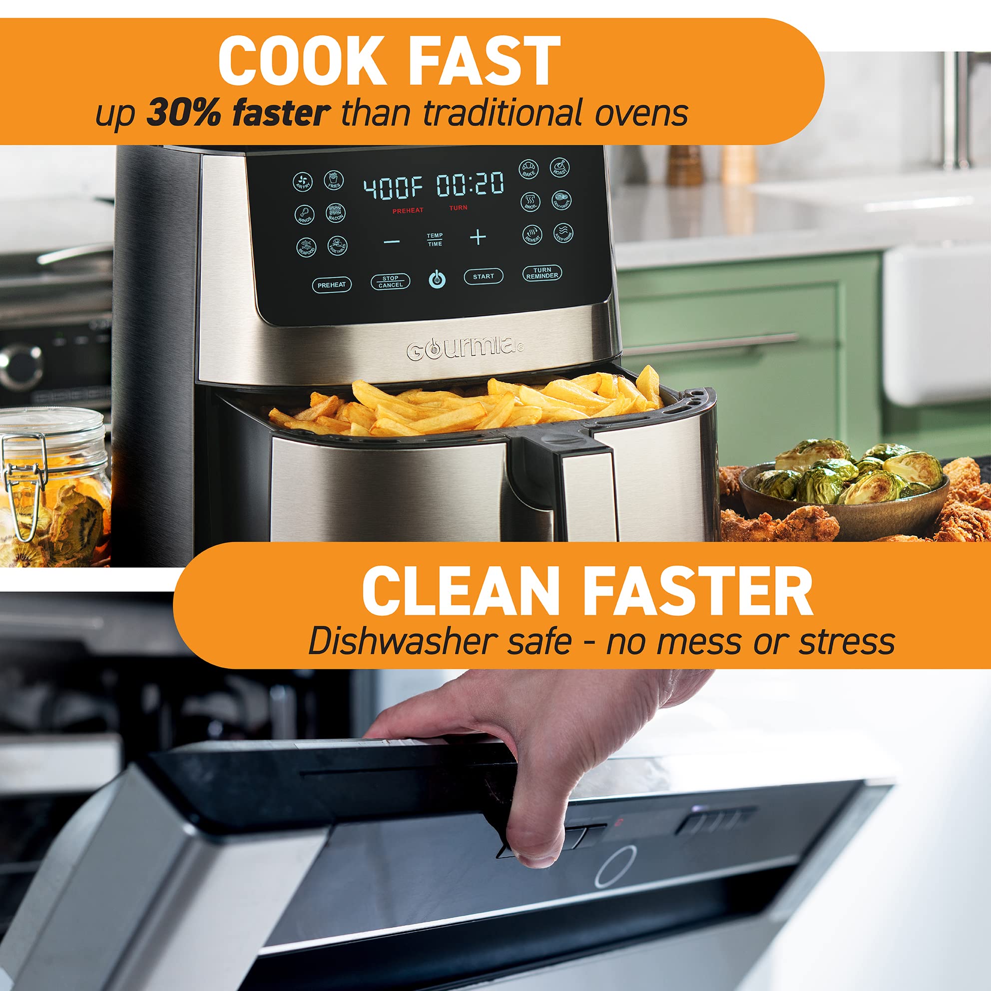 Gourmia Air Fryer Oven Digital Display 8 Quart Large Airfryer Cooker 12 Touch Cooking Presets, Xl Air Fryer Basket 1700W Power M