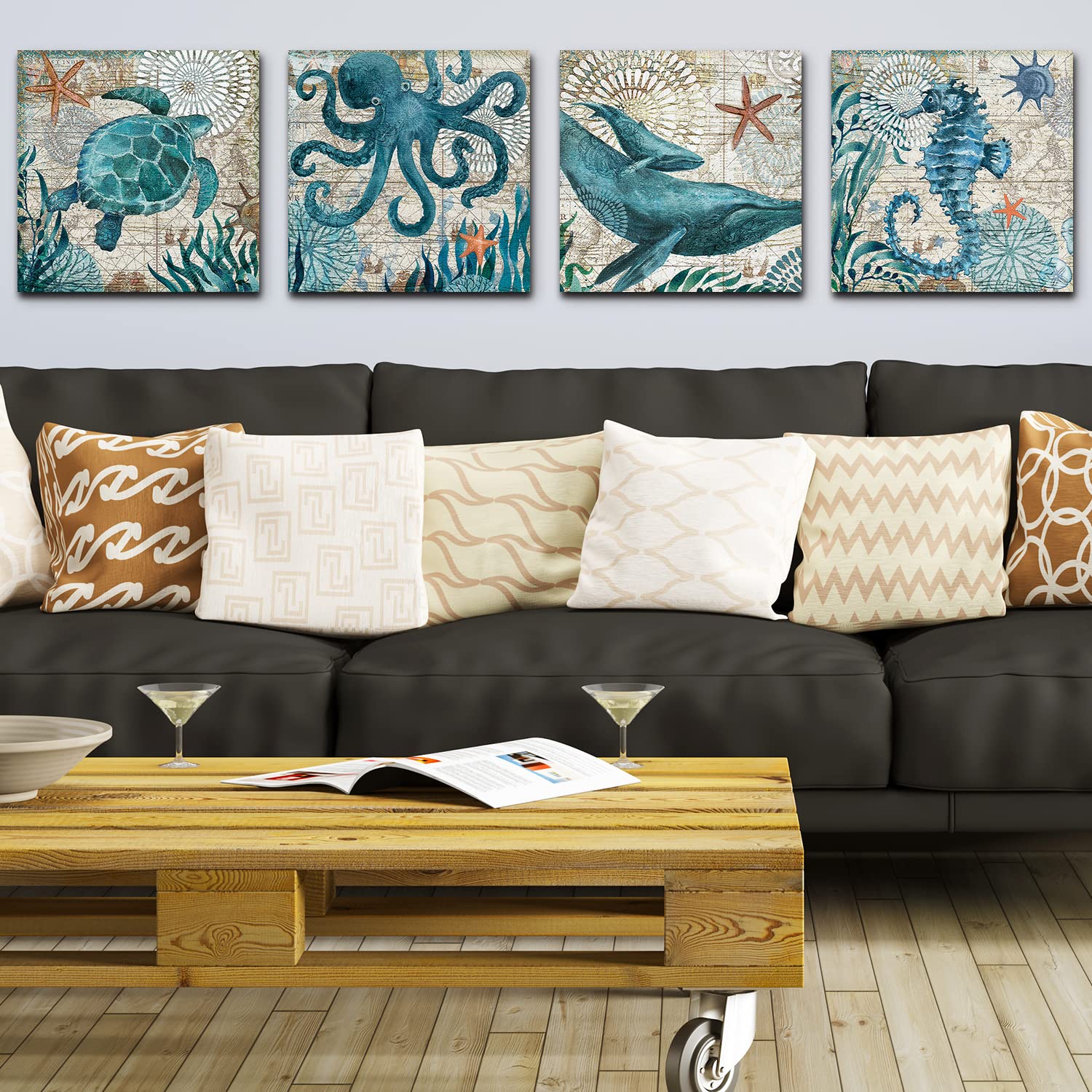 Nautical Wall Decor Beach Themed Seahorse Wall Art Coastal Bathroom Decor Teal Sea Turtle Pictures Canvas Paintings For Living R