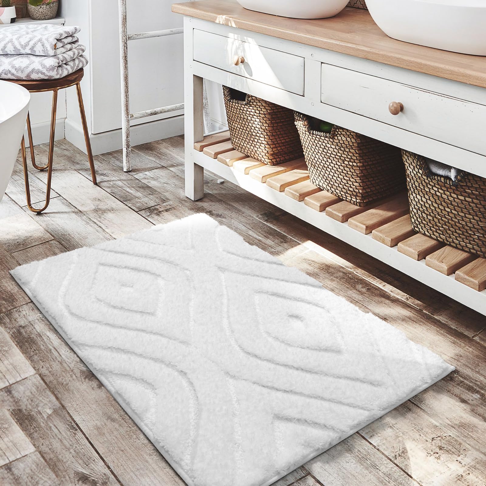 Dexde White Bathroom Rugs Boho Bath Mat Non Slip Geometric Luxury Soft Washable Carpet For Bathroom Shower Kitchen Entryway Mode