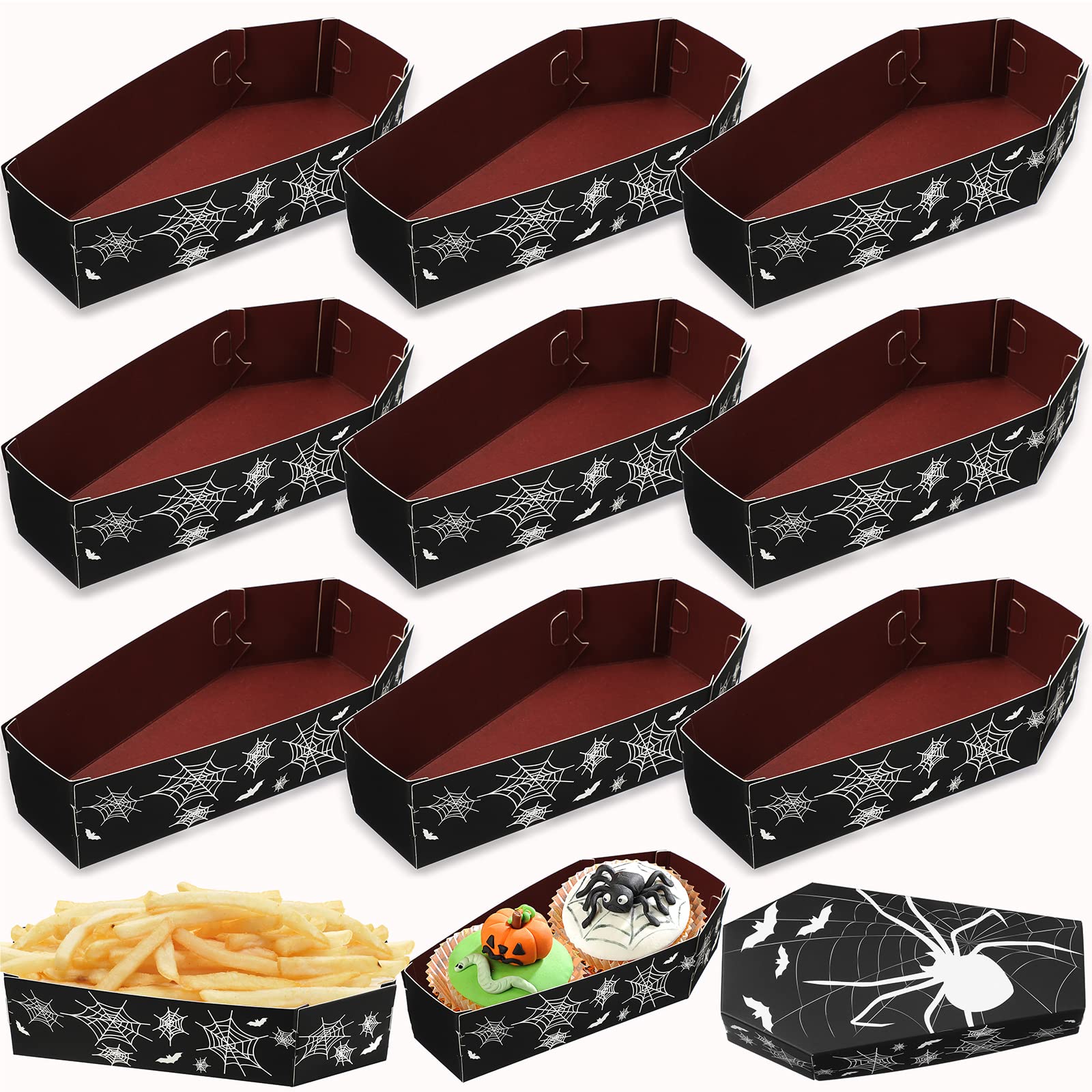 12 Pcs Halloween Coffin Snack Trays, Halloween Party Food Supplies Spider Bat Pattern Cardboard Paper Food Trays for Halloween C