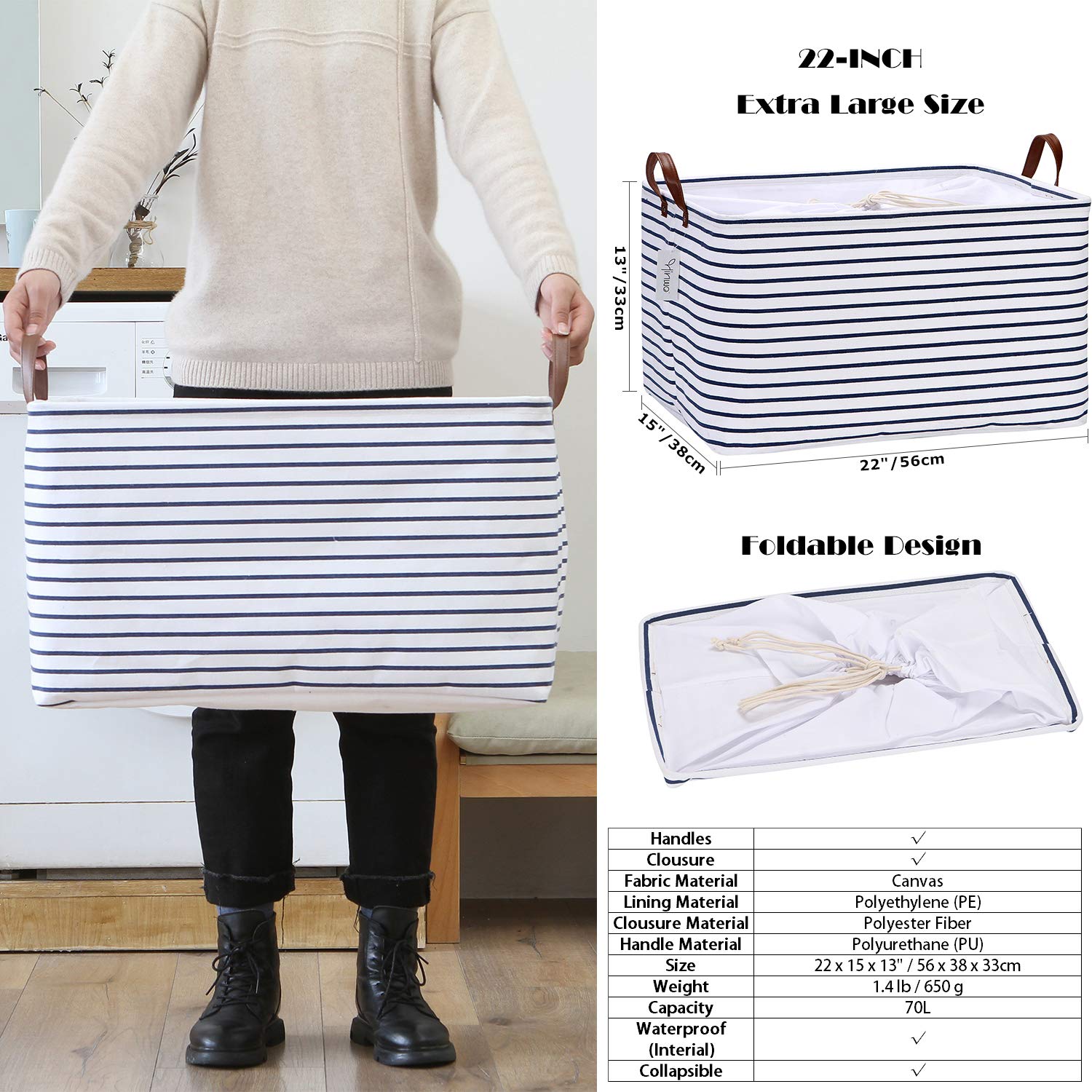 Hinwo 4-Pack Extra Large Canvas Fabric Storage Baskets With Handles, 70L Oversized Storage Bins, Collapsible Storage Box, Clothe