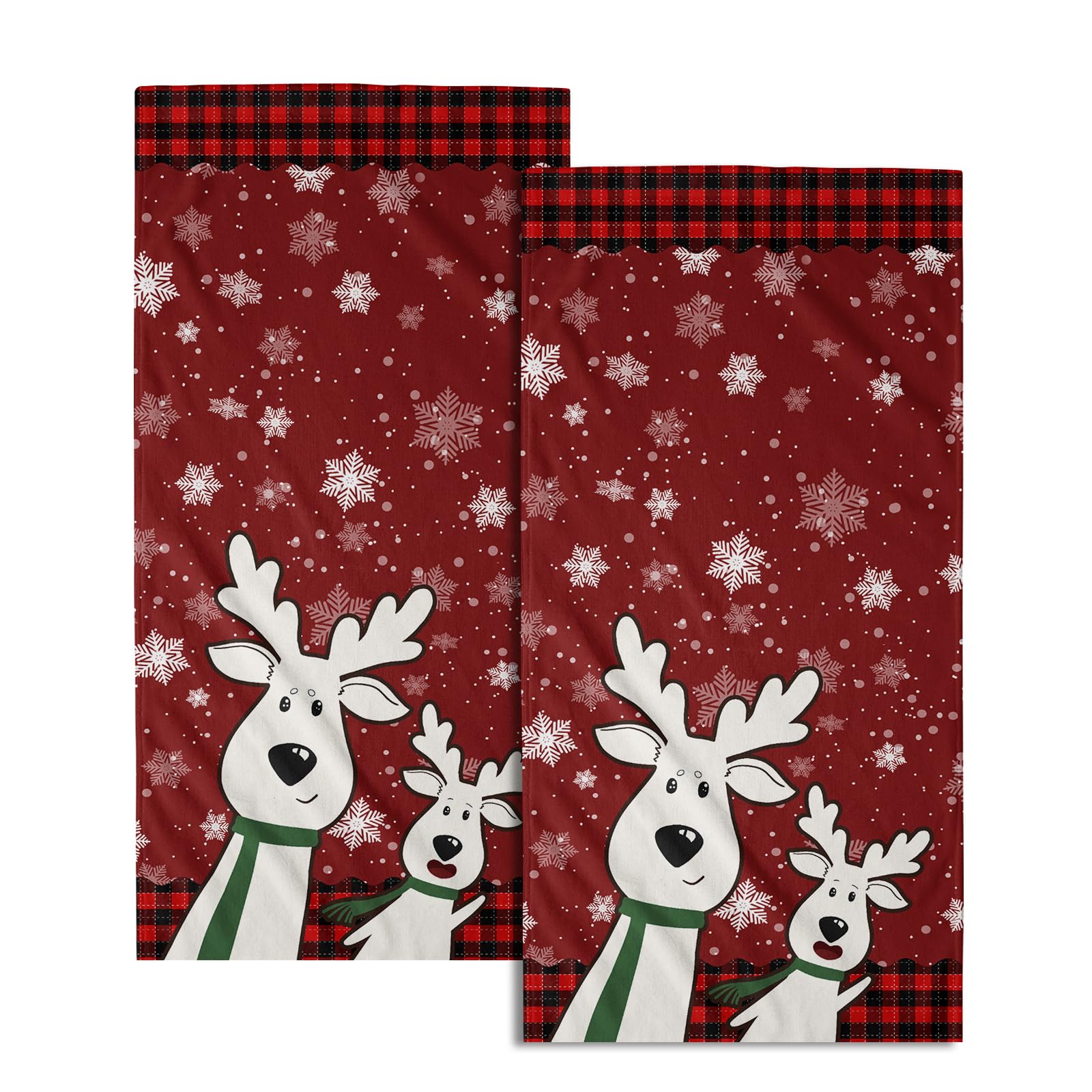 Winter Cute Deer Hand Towels Set Of 2 Merry Christmas Red Black Red Buffalo Plaid Moose Elk Snowflake Decor Kitchen Towels Happy