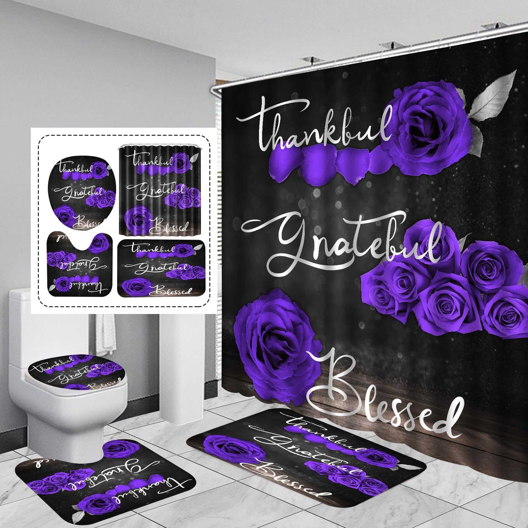 4Pcs Purple Rose Shower Curtain Sets, Thankful Grateful Blessed Bathroom Curtain With Non-Slip Rug, Toilet Lid Cover, Bath Mat A