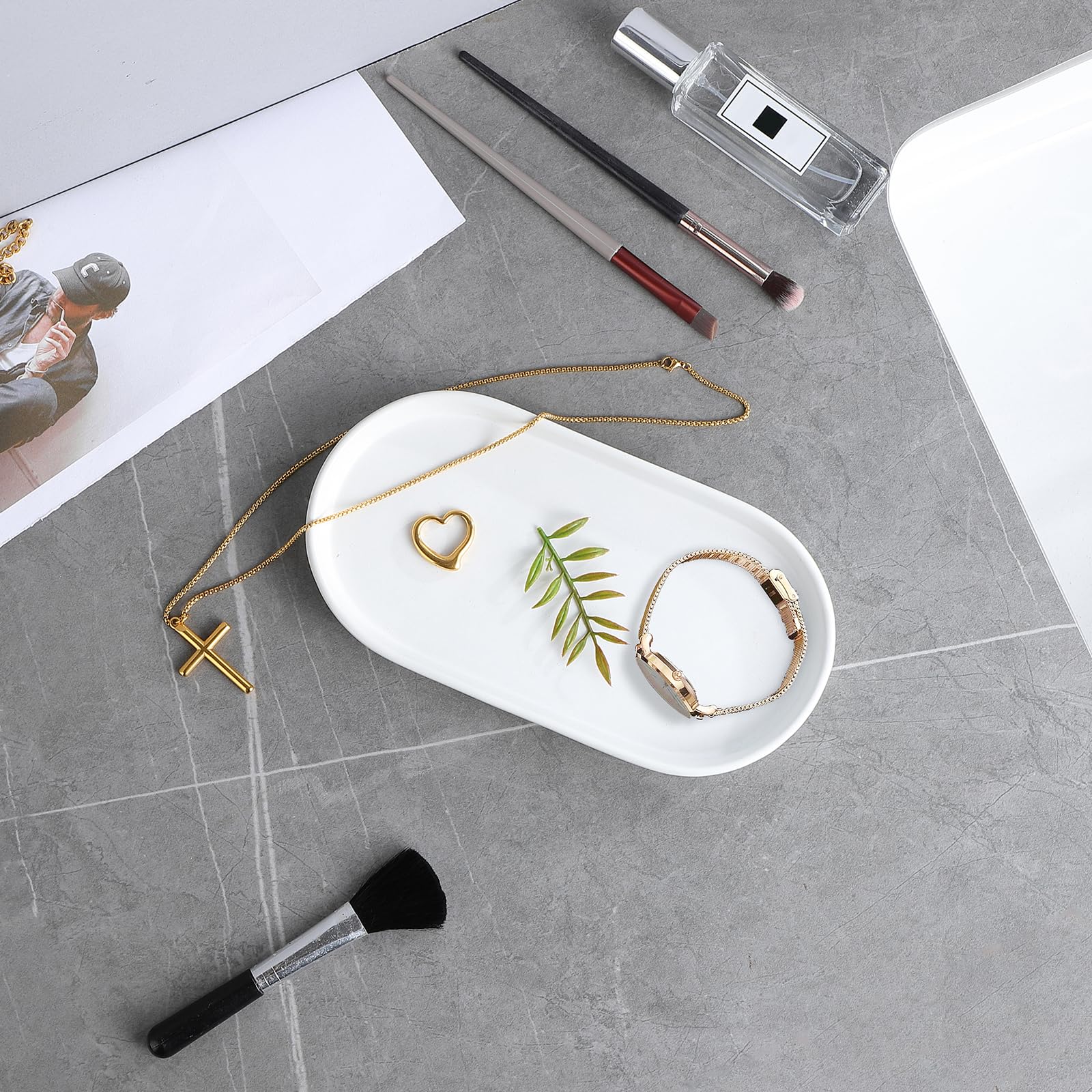 Eyrozia White Round Soap Dispenser Tray - 8'' Ceramic Vanity Tray For Bathroom Decorative, Jewelry Ring Dish, Comestic Holder, K