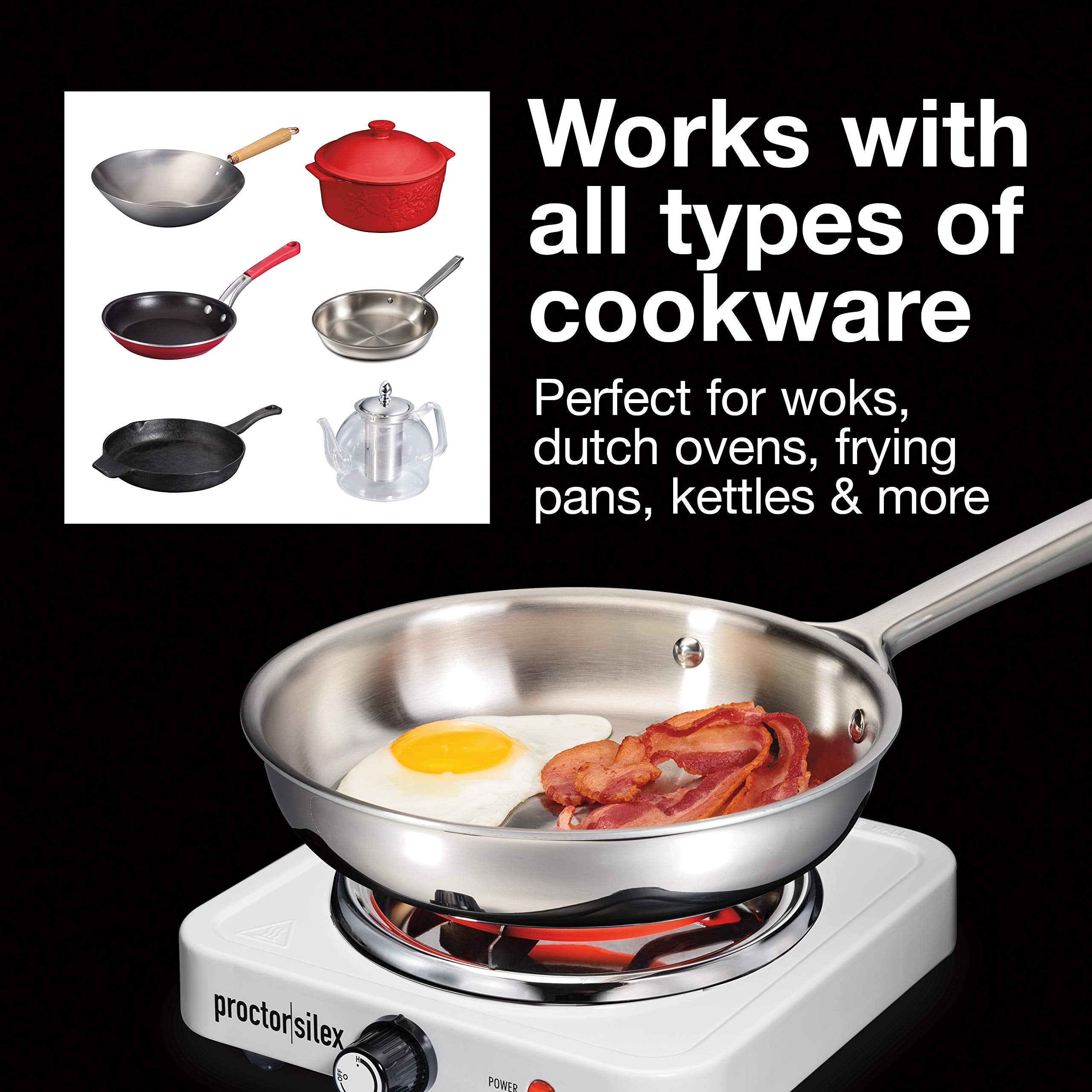 Proctor Silex Single Burner Electric Stove, 1200 Watts, Compact & Portable, Stainless Steel & White, Model 34106