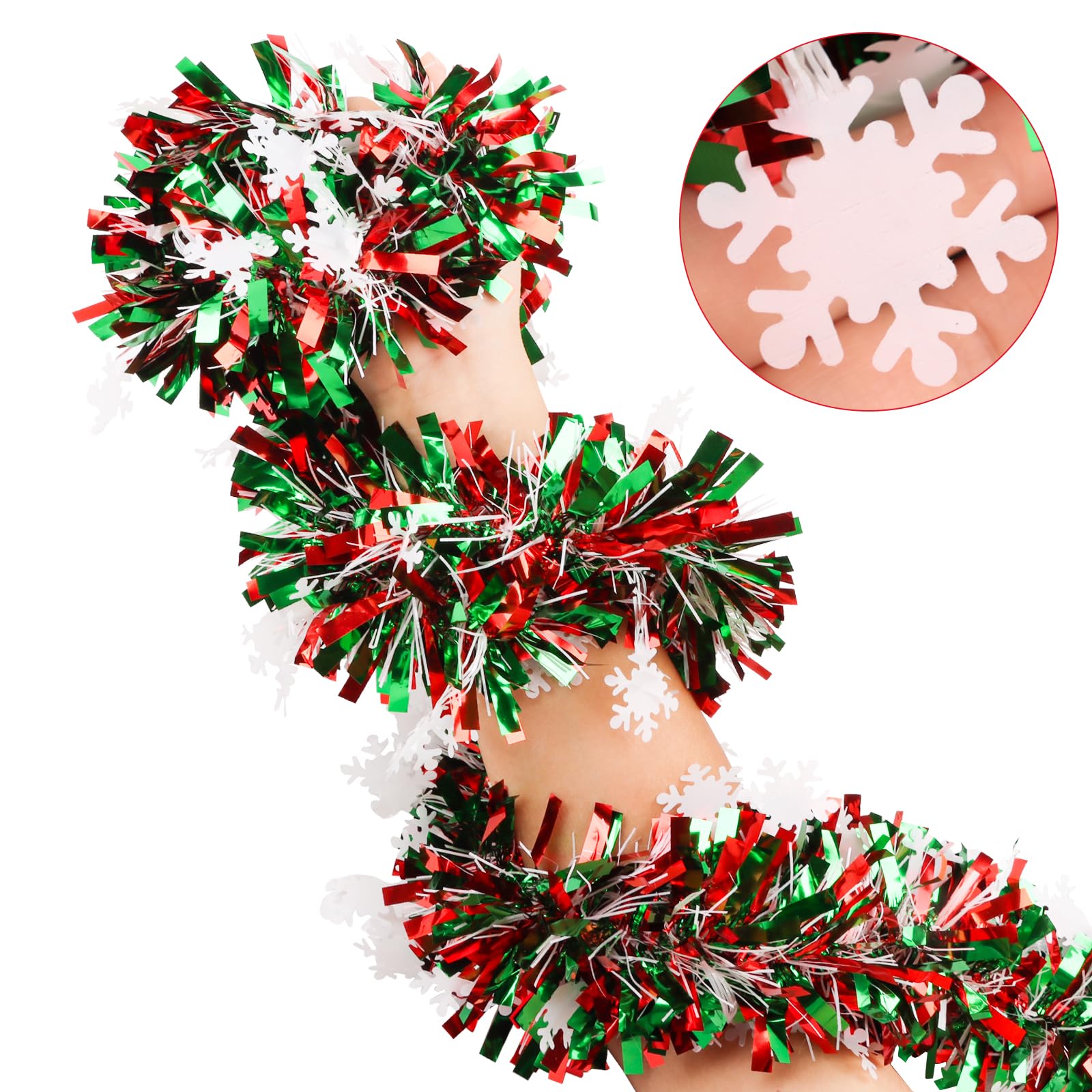 FOIMAS 33 Feet Christmas Tinsel Garland, Metallic Red and Green Christmas Garland with Snowflake Hanging Garland for Xmas Tree F