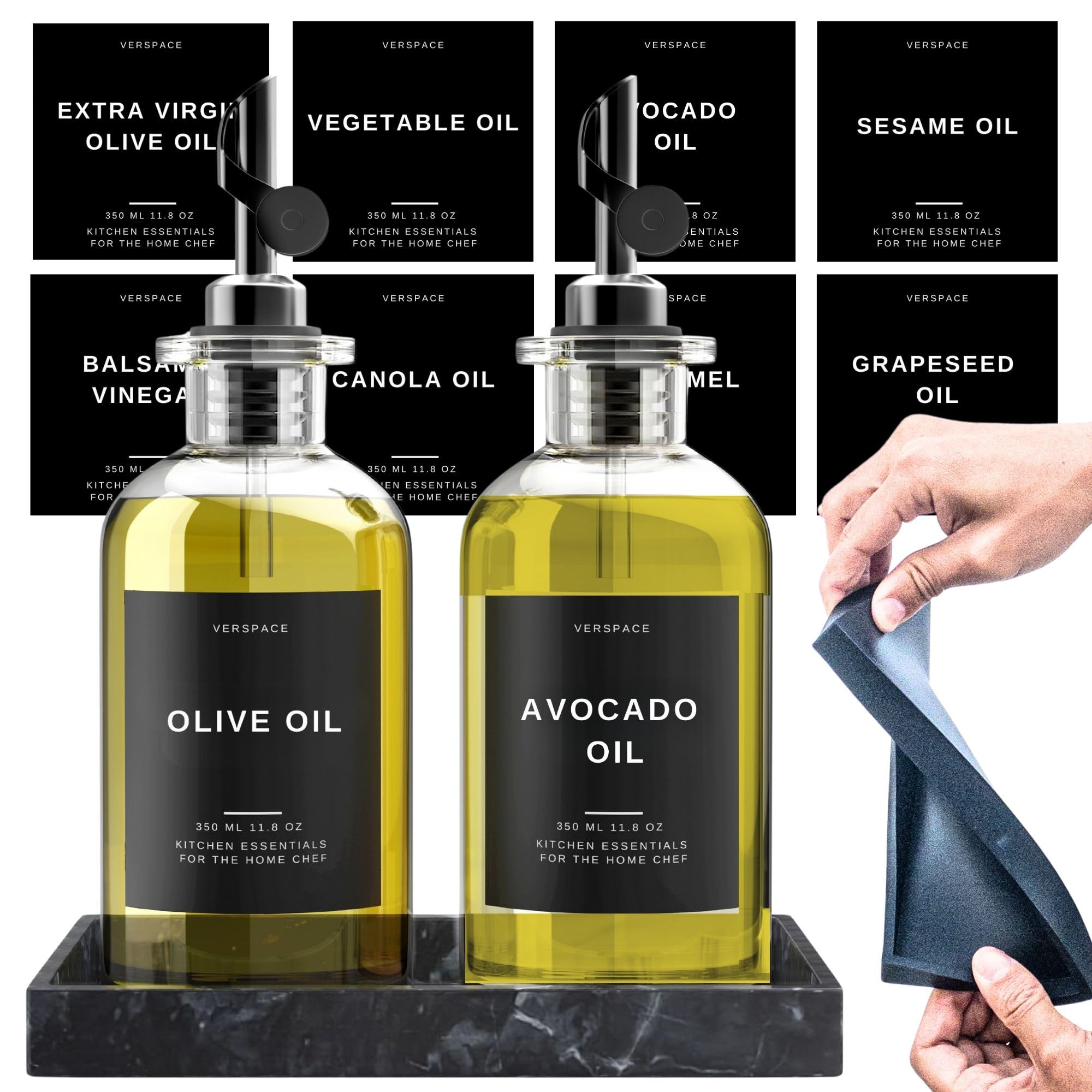 Verspace Olive Oil Dispenser Bottle For Kitchen With Silicone Tray & 40 Labels, Soy Sauce Dispenser, Coffee Syrup Dispenser, Oli