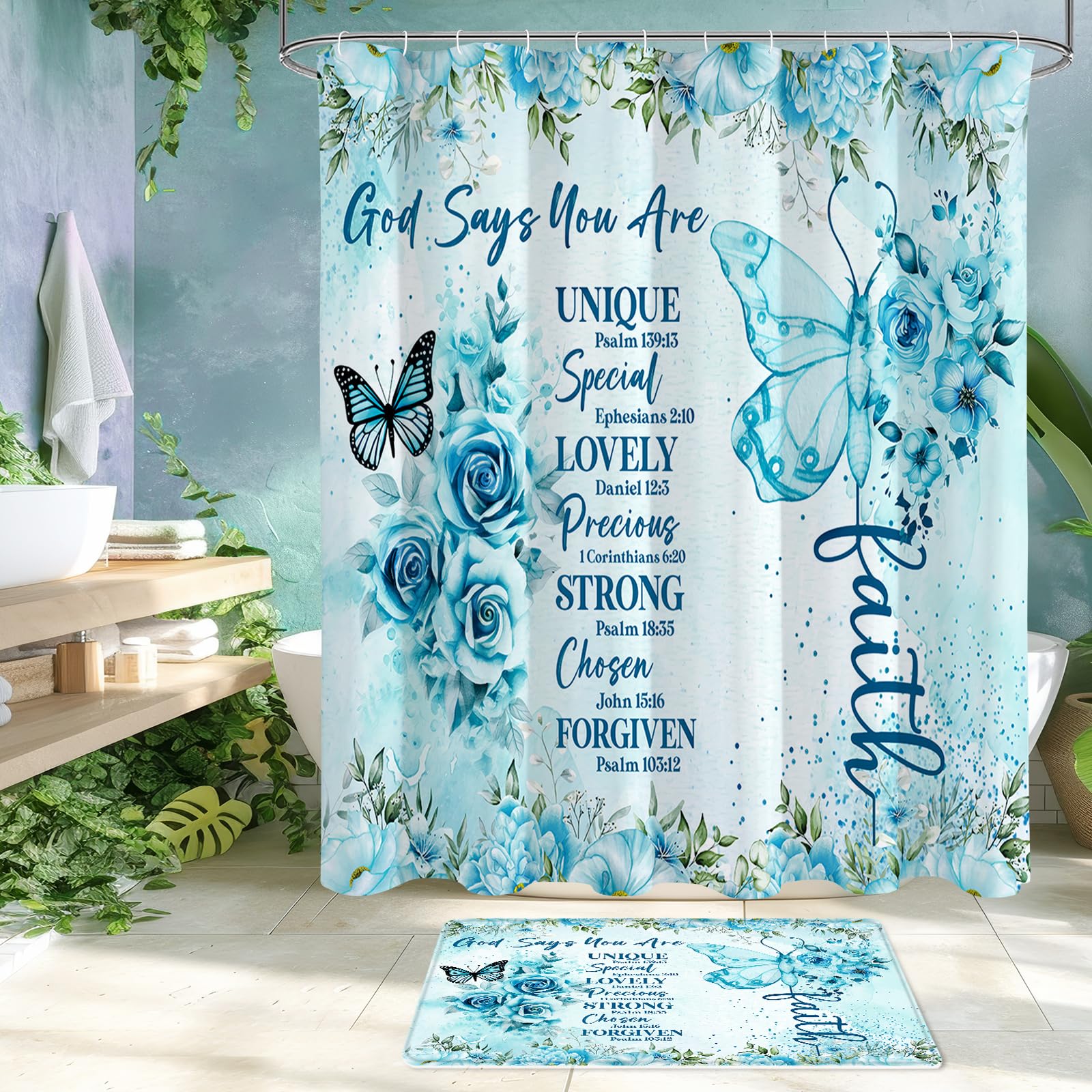 Litabel 4 Pcs Teal Butterfly Inspirational Quotes Shower Curtain Set With Rugs And Toilet Lid Cover, Colorful Boho Waterproof Fa
