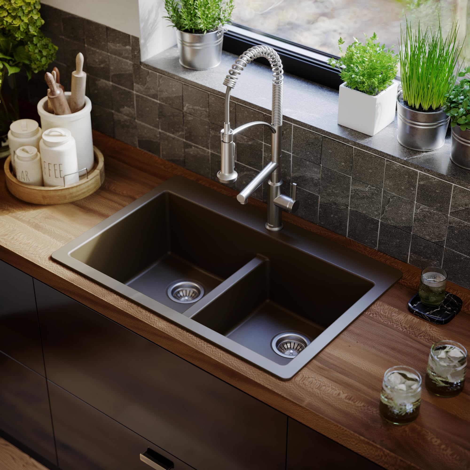 Karran Qt-810 33'' Top Mount Double Equal Bowl Quartz Kitchen Sink In Brown