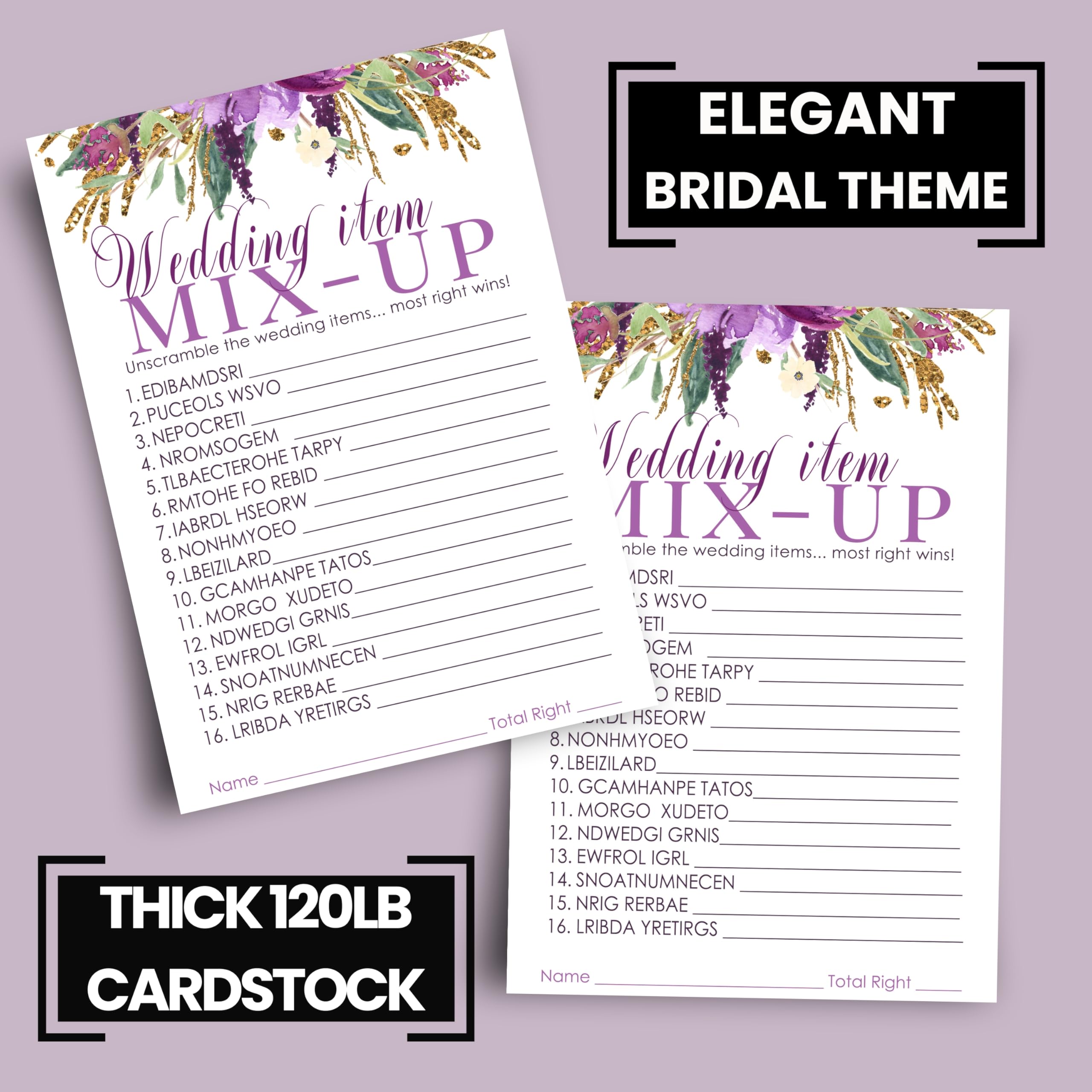 Purple Floral Bridal Shower Games - 25 Wedding Word Scramble Cards - Fun Guessing Activity For Engagement Parties And Rehearsal