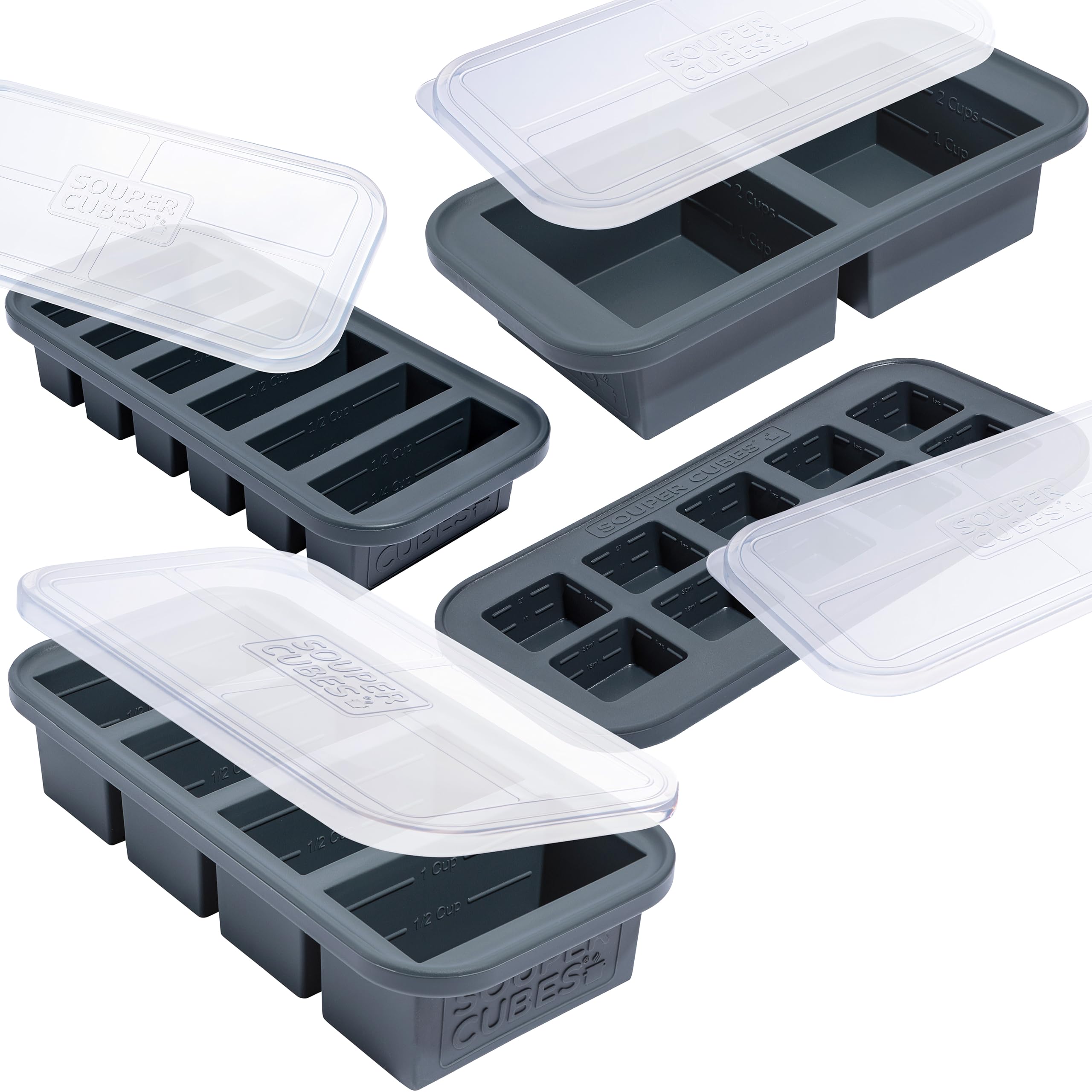 Souper Cubes Silicone Freezer Molds Gift Set with 2 Tbsp, 1/2, 1, and 2 Cup Silicone Freezer Trays With Lids - Meal Prep and Kit