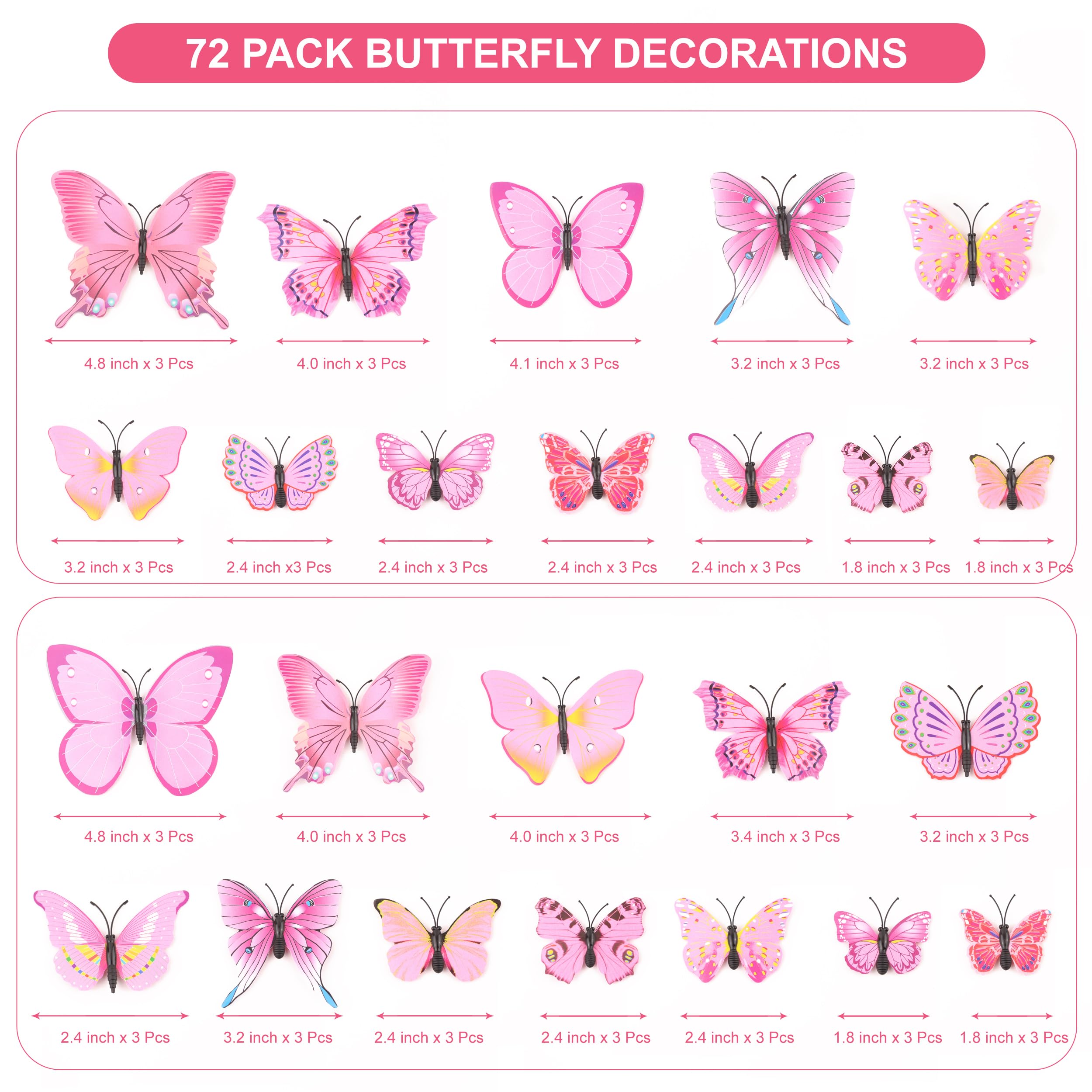 Profasion 72 Pcs Butterflies Wall Decorations, 3D Butterfly Stickers For Party Decorations, Applicable To Cake Decorations, Birt