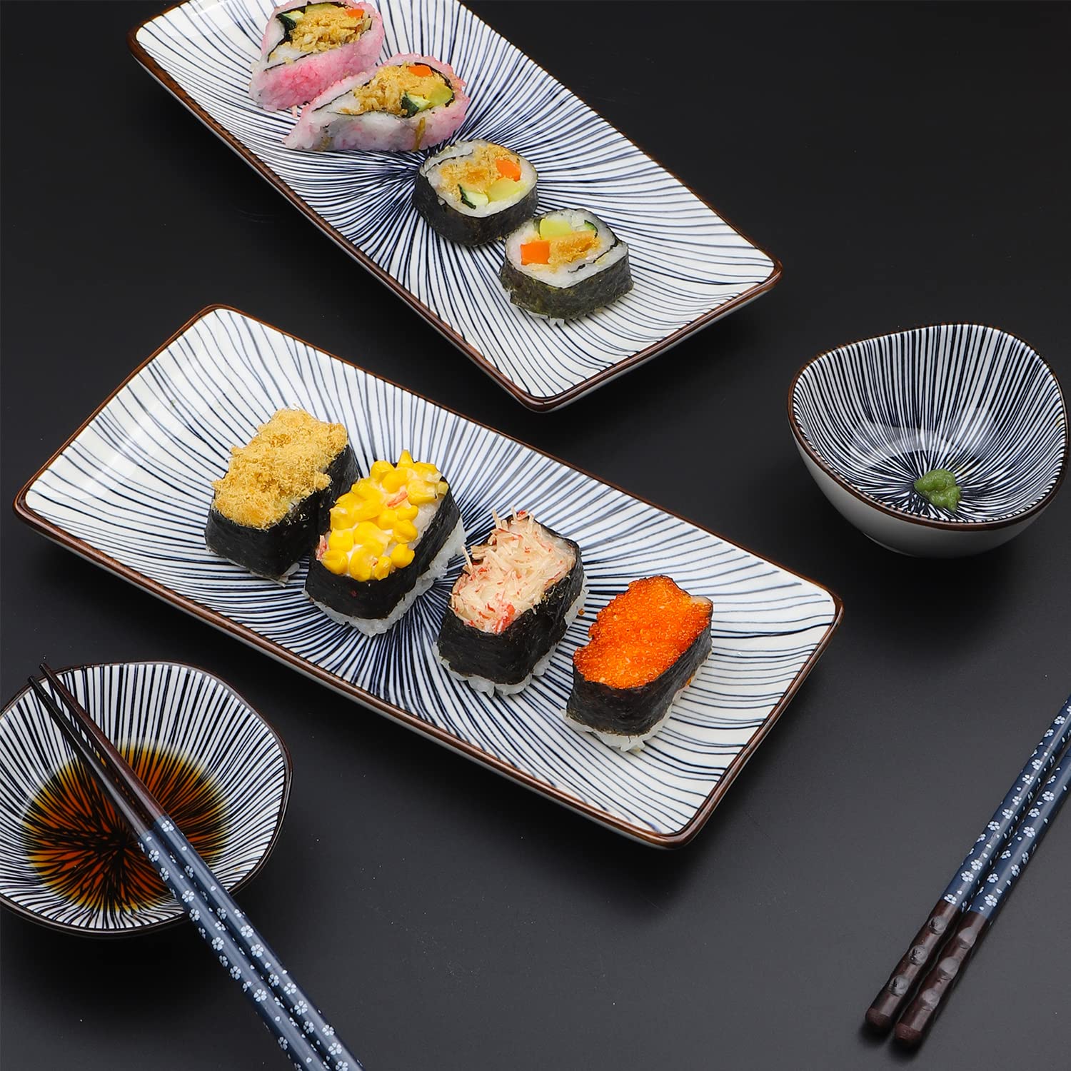 Artcome 10 Pcs Japanese Style Ceramic Sushi Plate Dinnerware Set For Wedding Housewarming - 2 Sushi Plates, 2 Sauce Dishes, 2 Sn