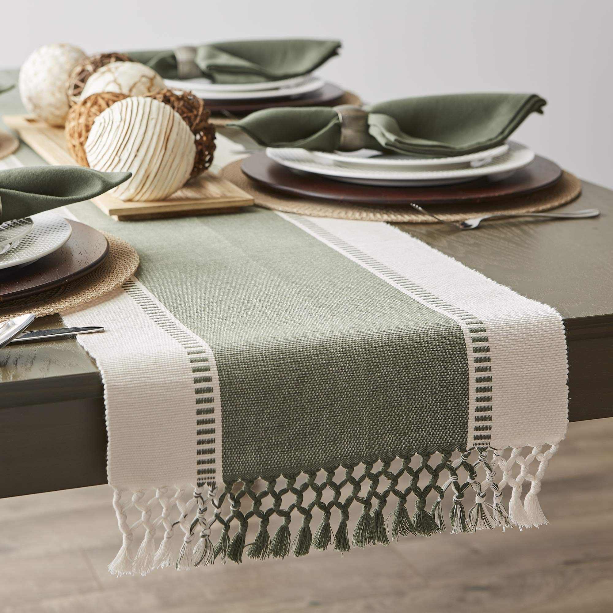 Dii Dobby Stripe Woven Table Runner, 13X108 (13X113.5, Fringe Included), Artichoke