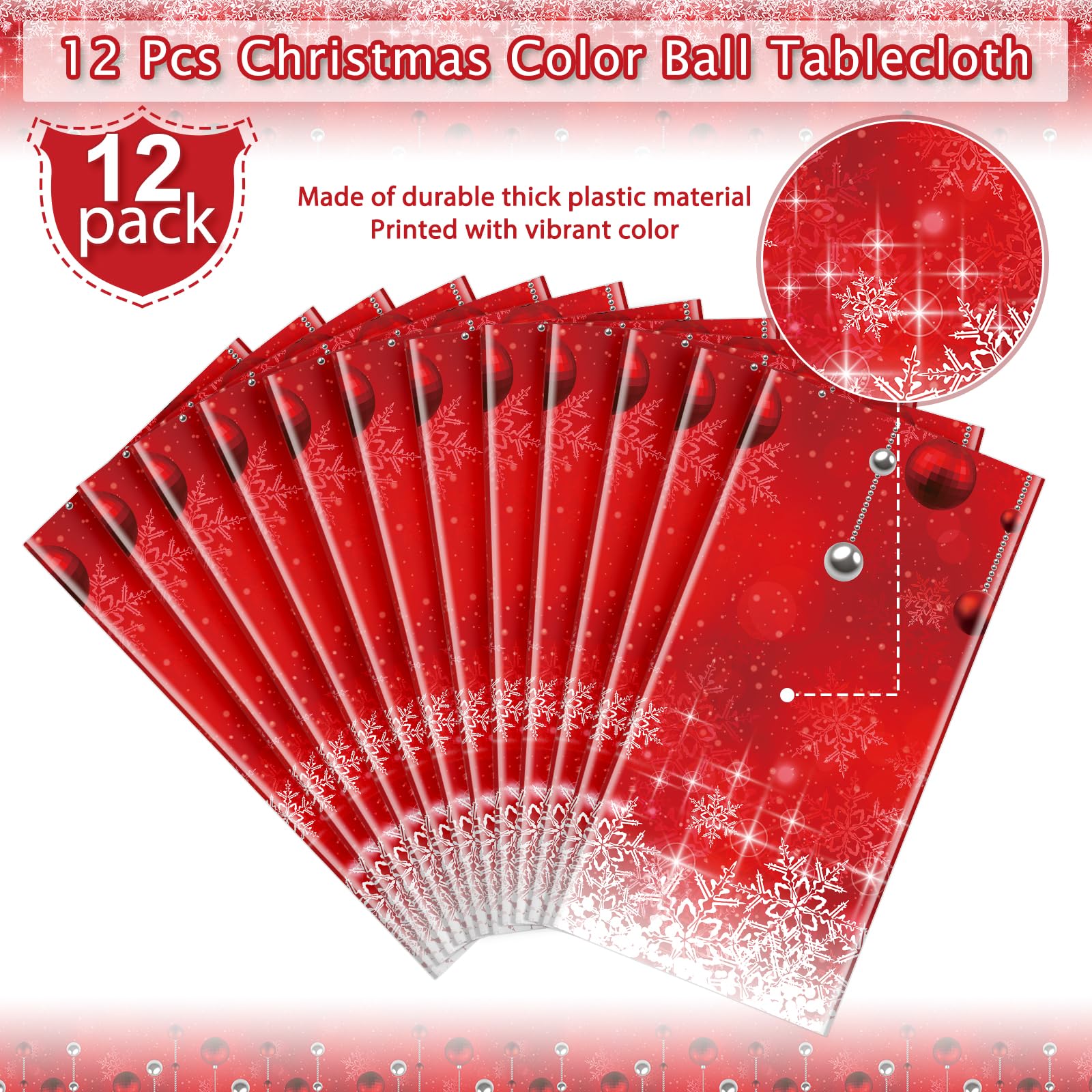 12Pieces Merry Christmas Tablecloth Plastic Christmas Tree Ball Table Cover Rectangle Winter Snowflake Tablecloth for Merry Chri