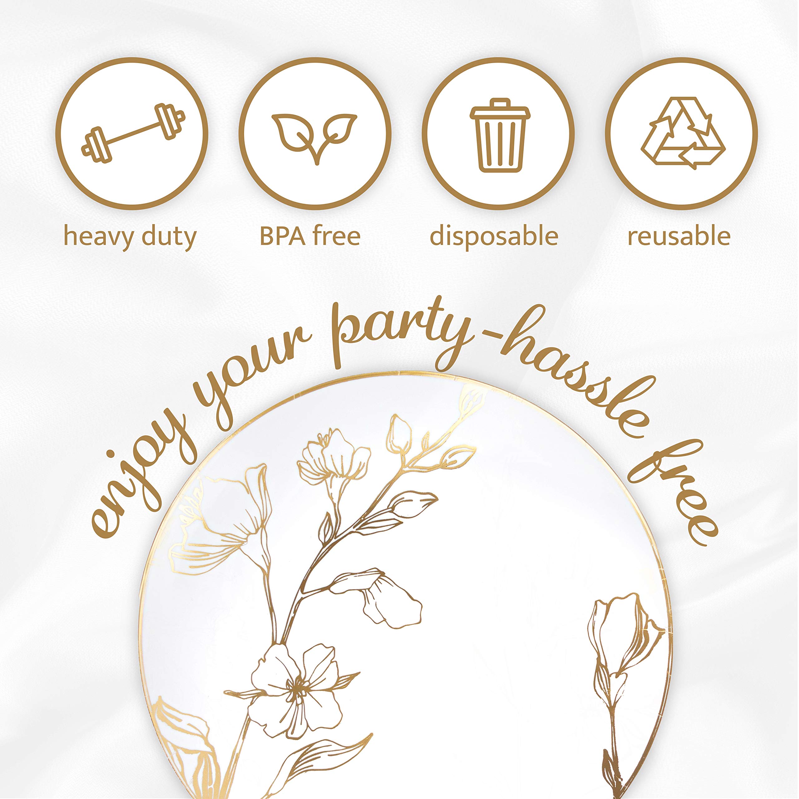 Plasticpro White Plastic Floral Design Party Plates With Gold Rim Premium Heavyweight Elegant Disposable Tableware Dishes (120,