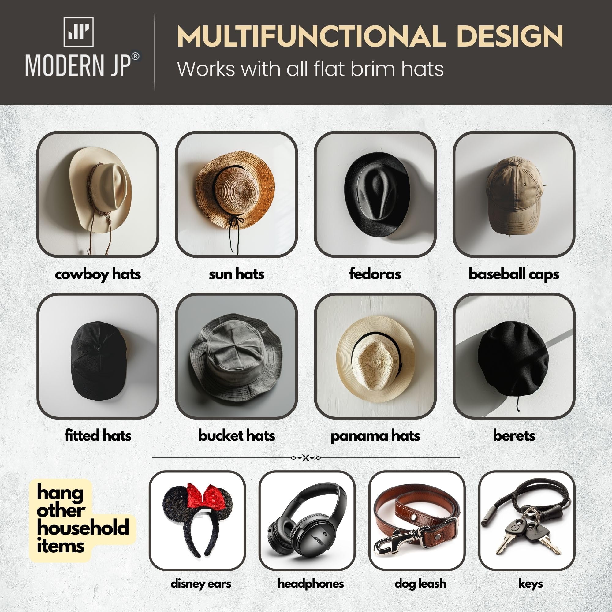 Modern JP Adhesive Hat Hooks for Wall (20-Pack) - Cowboy Hat Rack, Wide Brim Hat Organizer, Strong Hold Hat Hangers for Wall - B
