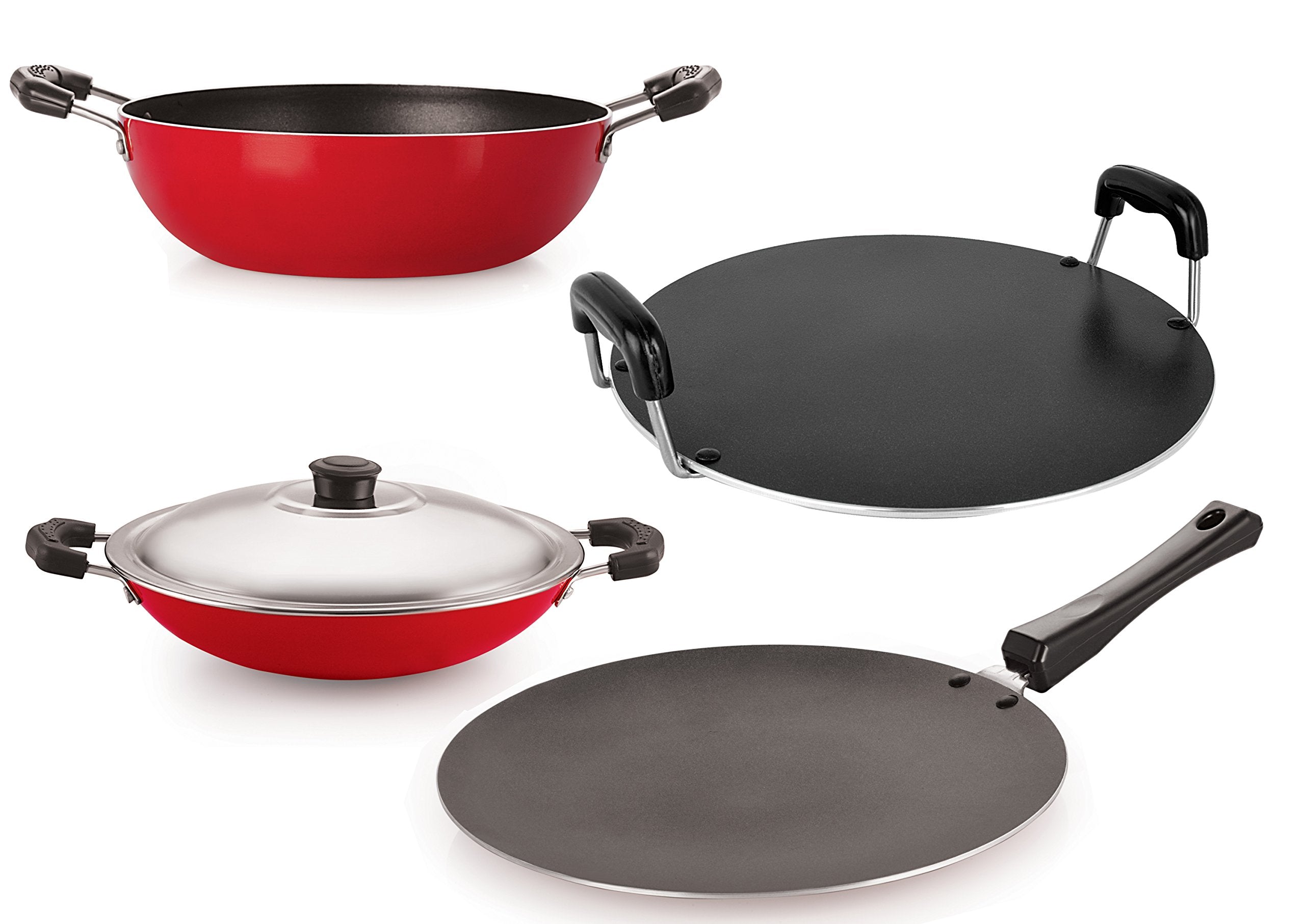 Nirlon NonStick Aluminium Cookware Set, 4Pieces, Red (26_Ct_Kd12_Chatti_Rt) (Ct12_Kd12_Ac_Rt)