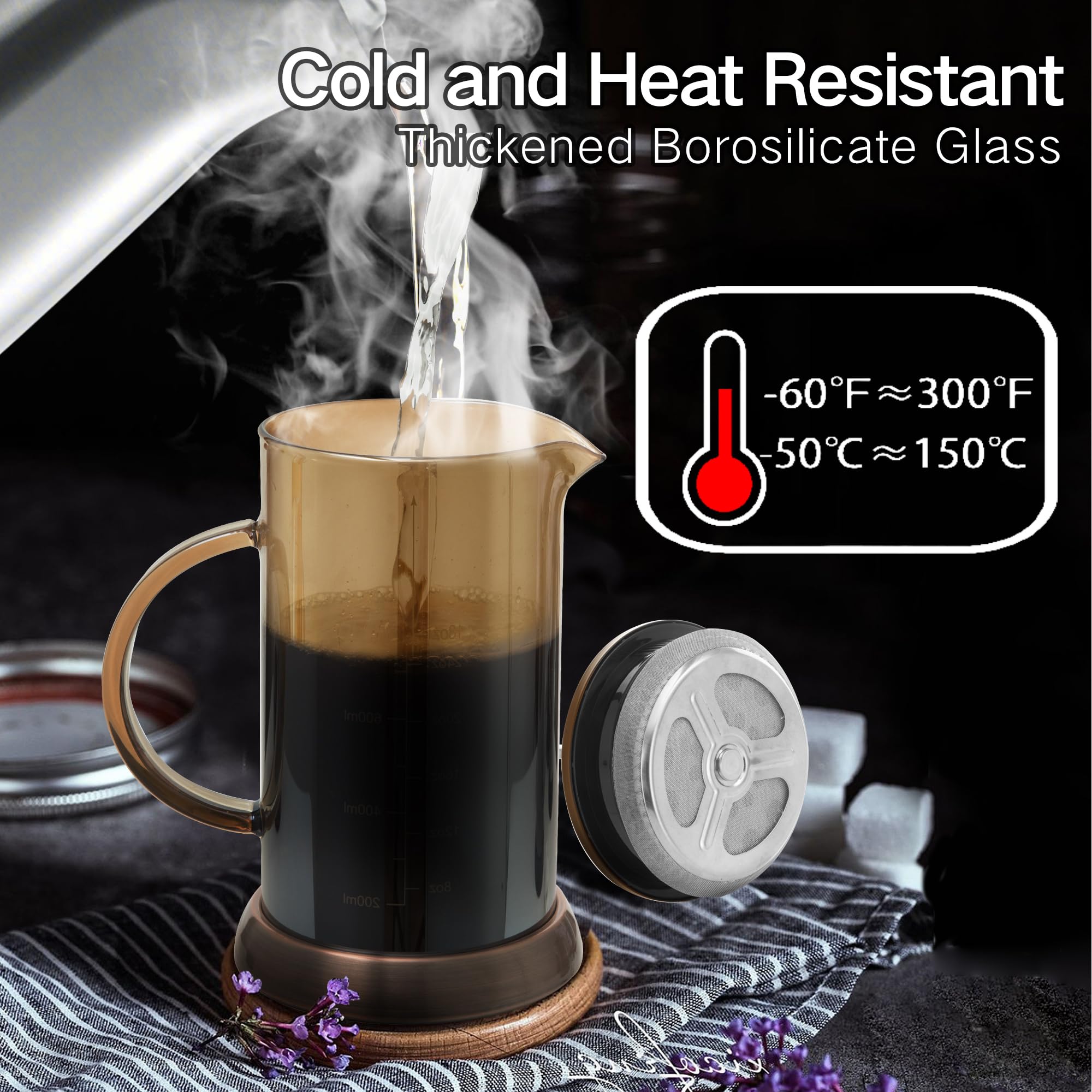 Ymmind 34 Ounce French Press Coffee Maker, 5-Cup Espresso Coffee Maker, Copper Cold Brew Heat Resistant Thickened Borosilicate C