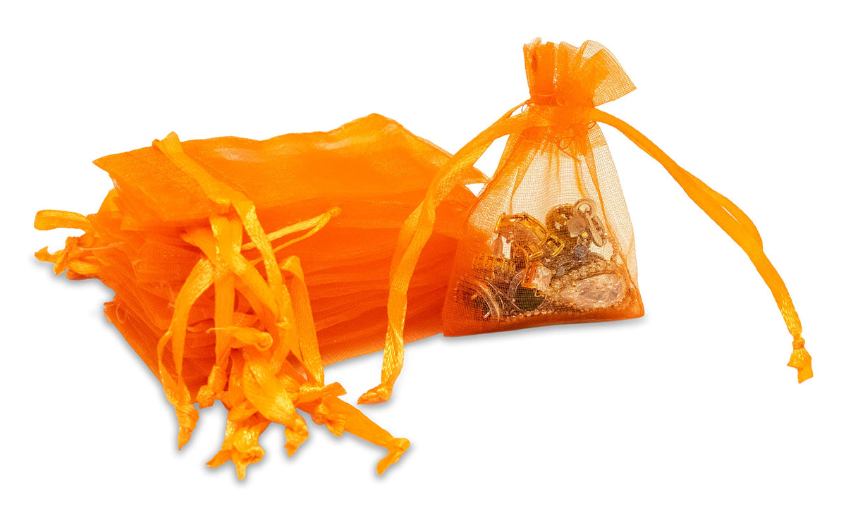 Thedisplayguys 100-Pack Xs 2 X 2 3/4'' Orange Sheer Organza Gift Bags With Drawstring, Jewelry Halloween Candy Treat Wedding Par