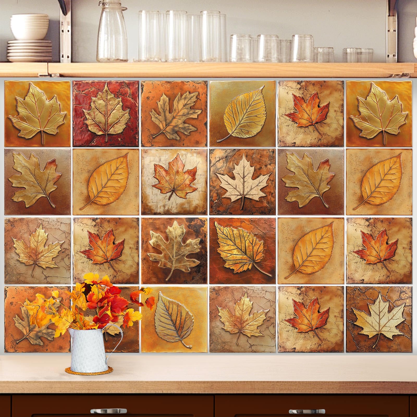 Faccito 24 Pcs Fall Tile Stickers 4X4 Inch Watercolor Thanksgiving Maple Leaves Peel And Stick Removable Self Adhesive Pvc Water
