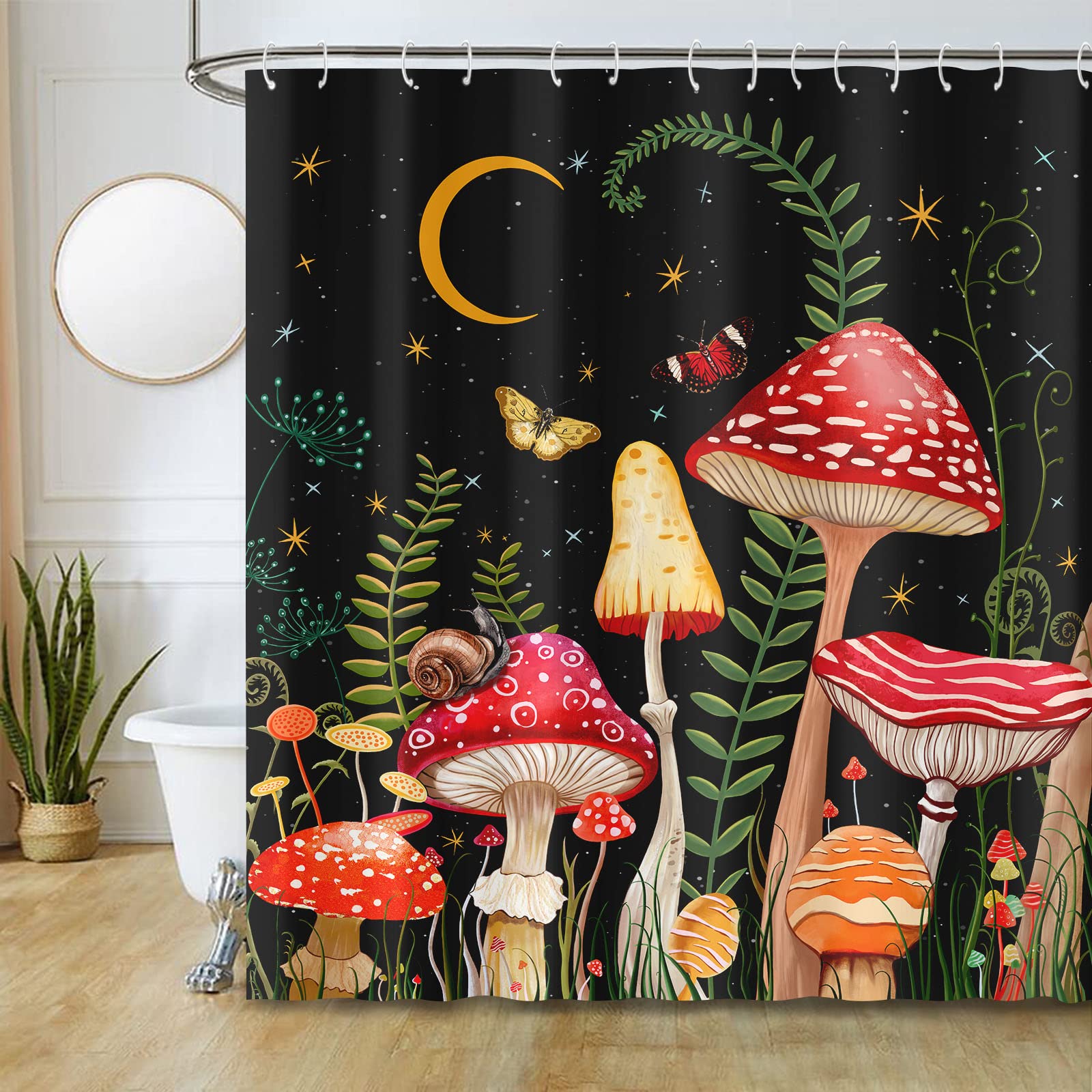 Zussun 84 Inch Extra Long Mushroom Shower Curtain Black And Red Floral Butterfly Waterproof Fabric Bathroom Shower Curtains Aest