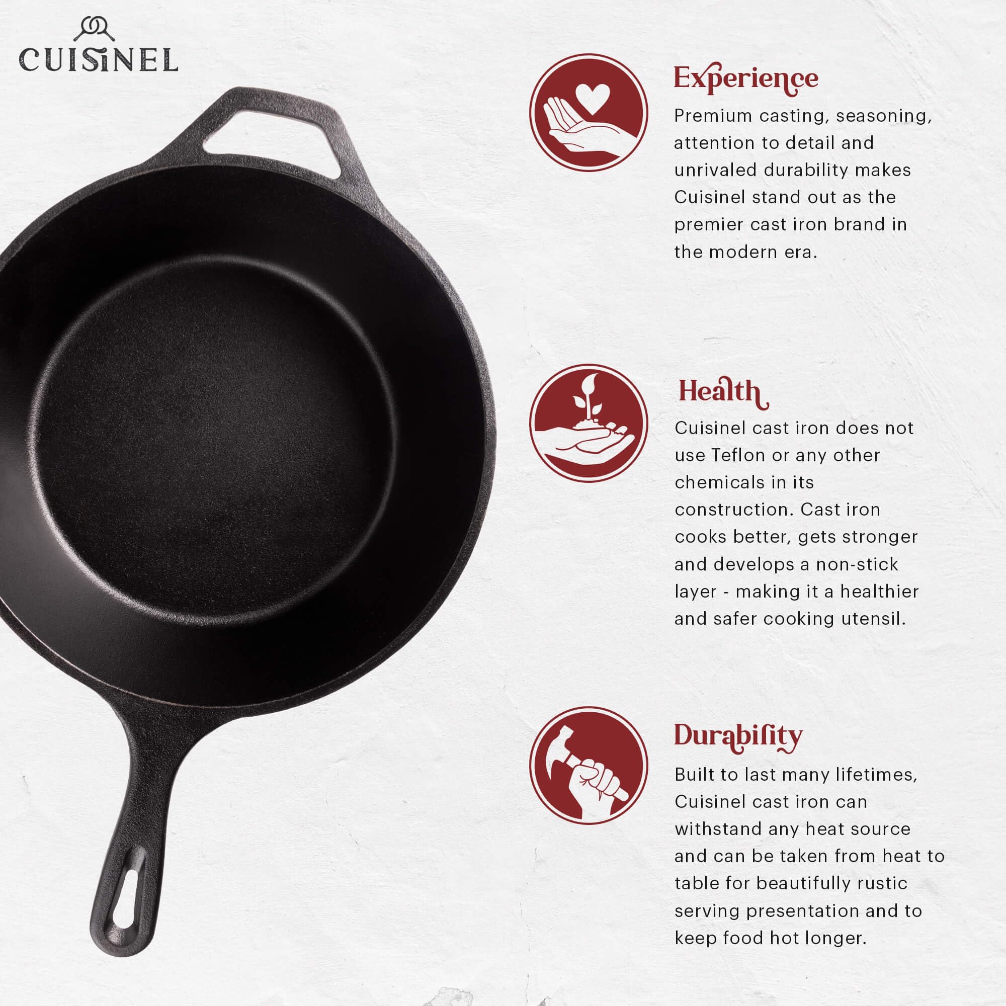 Cuisinel Cast Iron Skillet + Lid - 2-In-1 Multi Cooker - Deep Pot + Frying Pan - 3-Qt Dutch Oven - Pre-Seasoned Oven Cookware -