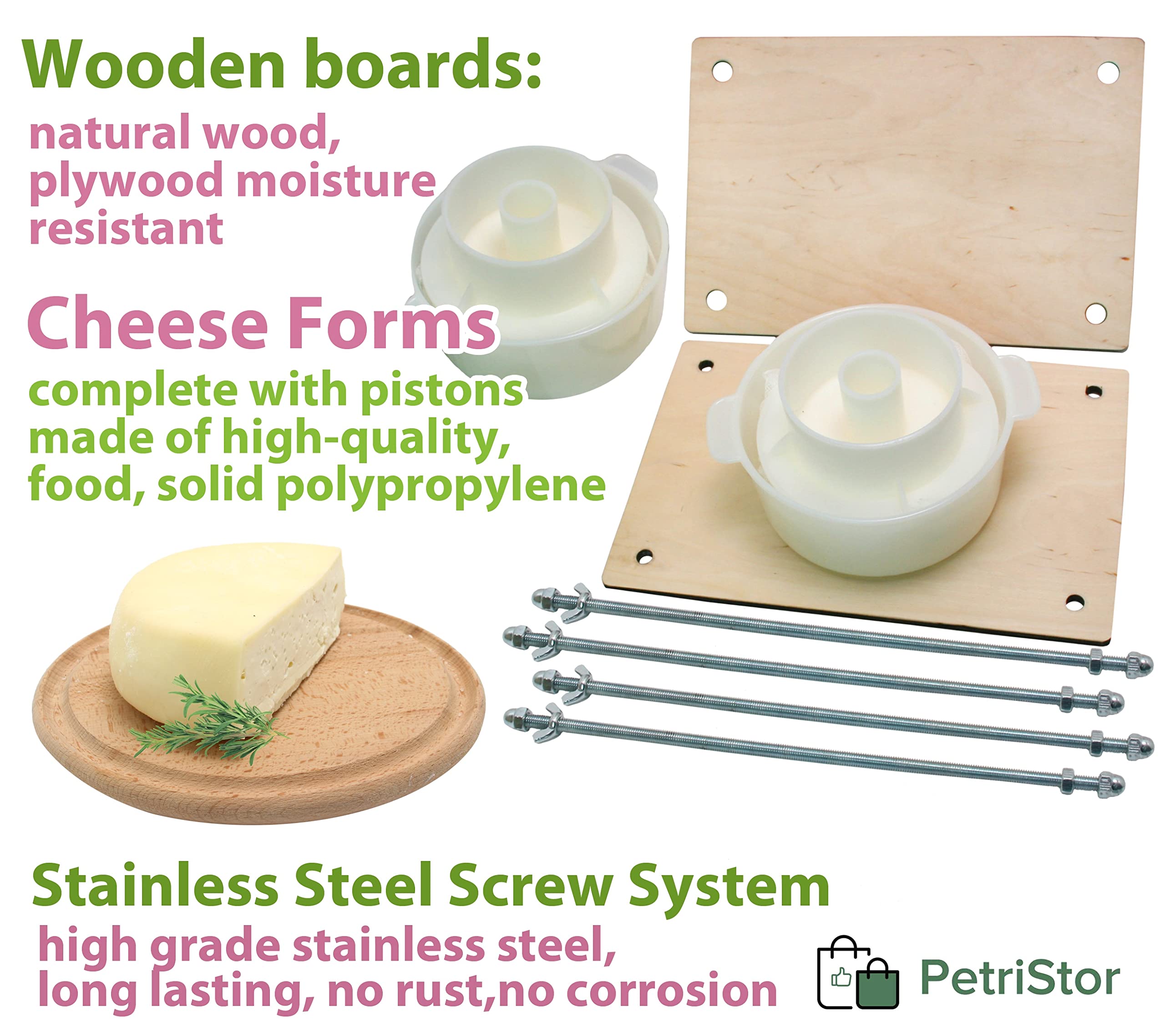 Petristor Wooden Cheese Press For Cheese Making Supplies 12In Metal Guides 13In And 2 Cheese Mold With Follower Piston 1.3Qt - L