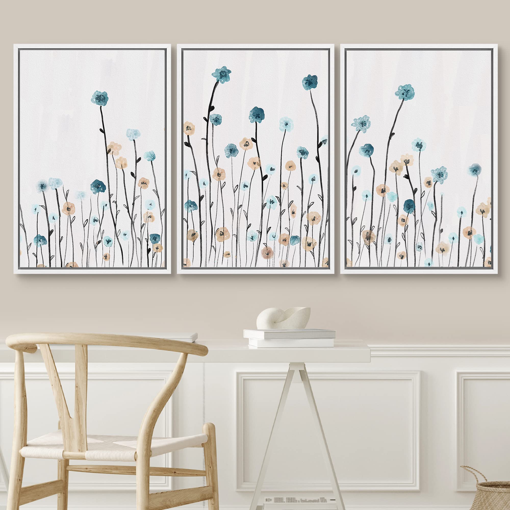 Signwin 3 Piece Framed Canvas Wall Art Flower Canvas Prints Home Artwork Decoration For Living Room,Bedroom - 16''X24''X3 White