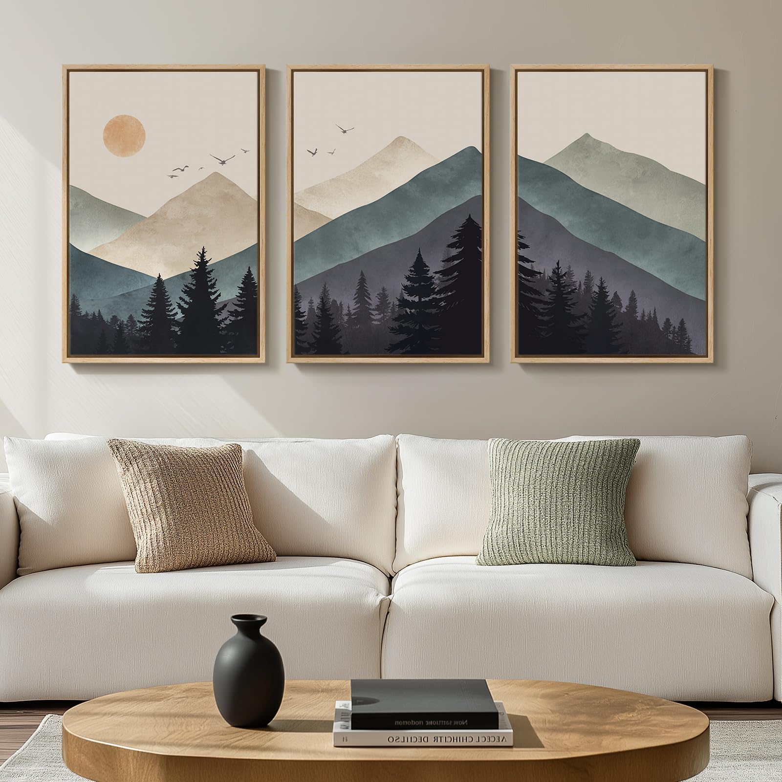 Cuspin Boho Framed Mountain Forest Landscape Wall Art, 3 Piece Bohemian Canvas Prints, Modern Nature Wall Art For Living Room, 3