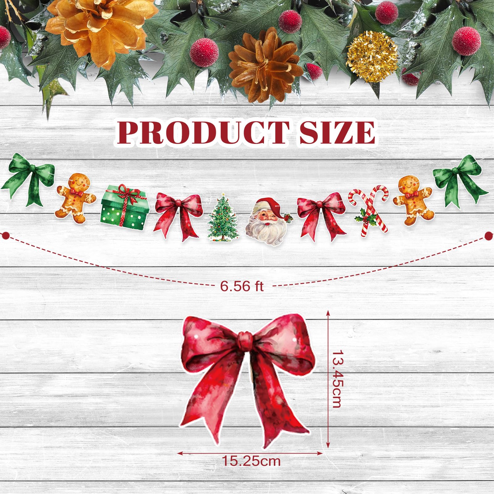 Oudain 2 Pack Christmas Paper Garland 6.56 ft Red Green Christmas Tree Santa Claus Candy Cane Gingerbread Man Bow Hanging Buntin