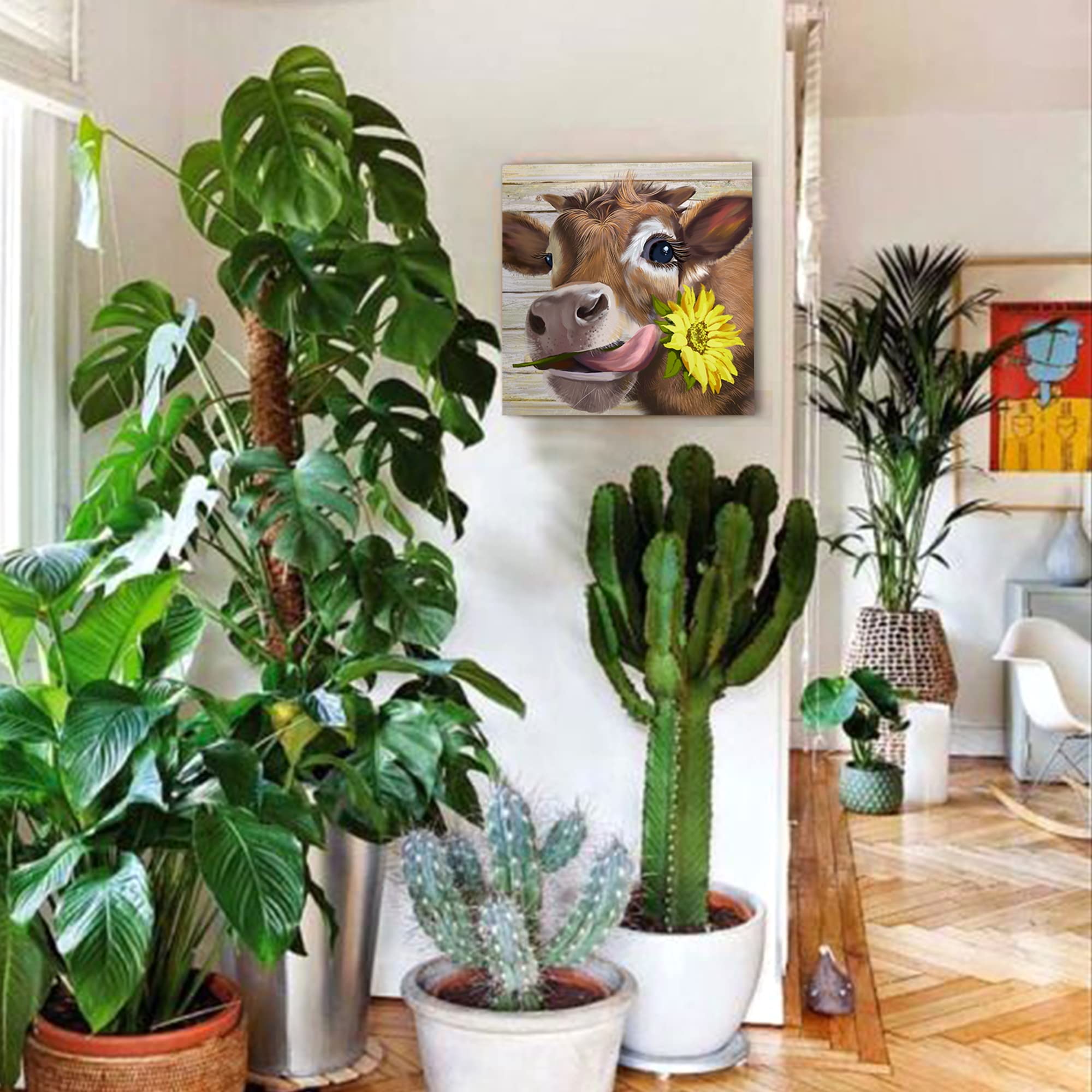 Cow Pictures Wall Decor Country Farmhouse Canvas Wall Art Rustic Sunflower Bathroom Decor Framed Artwork Paintings For Wall Deco