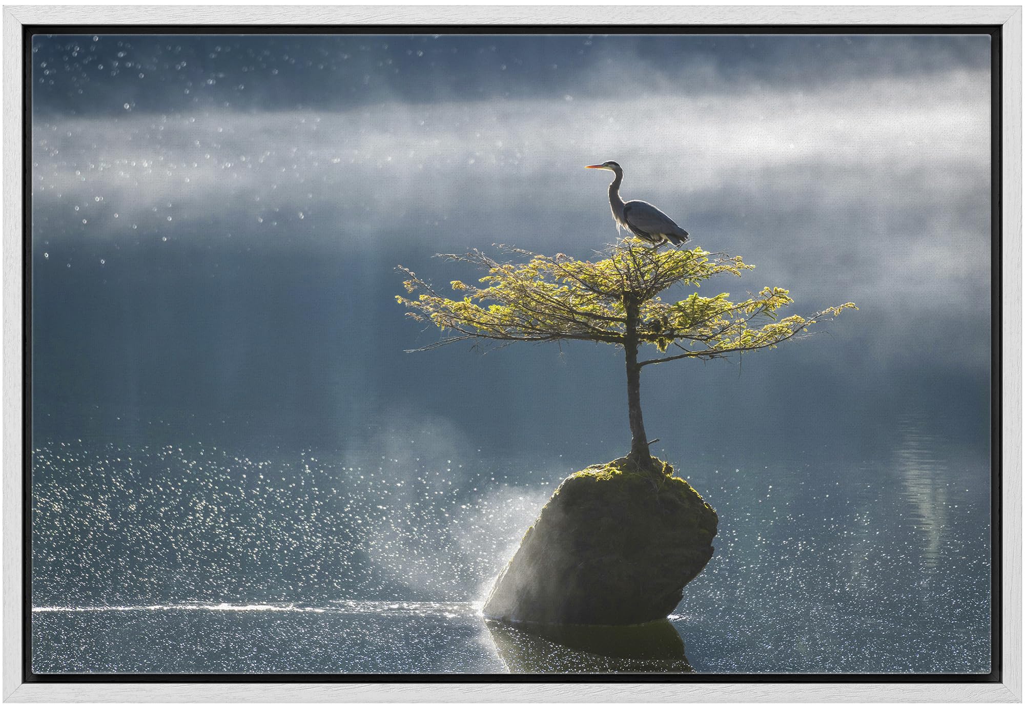 Wall26 Framed Canvas Print Wall Art Solitary Bird On Tree In Misty Lake Animals Photography Realism Rustic Scenic Landscape Wild