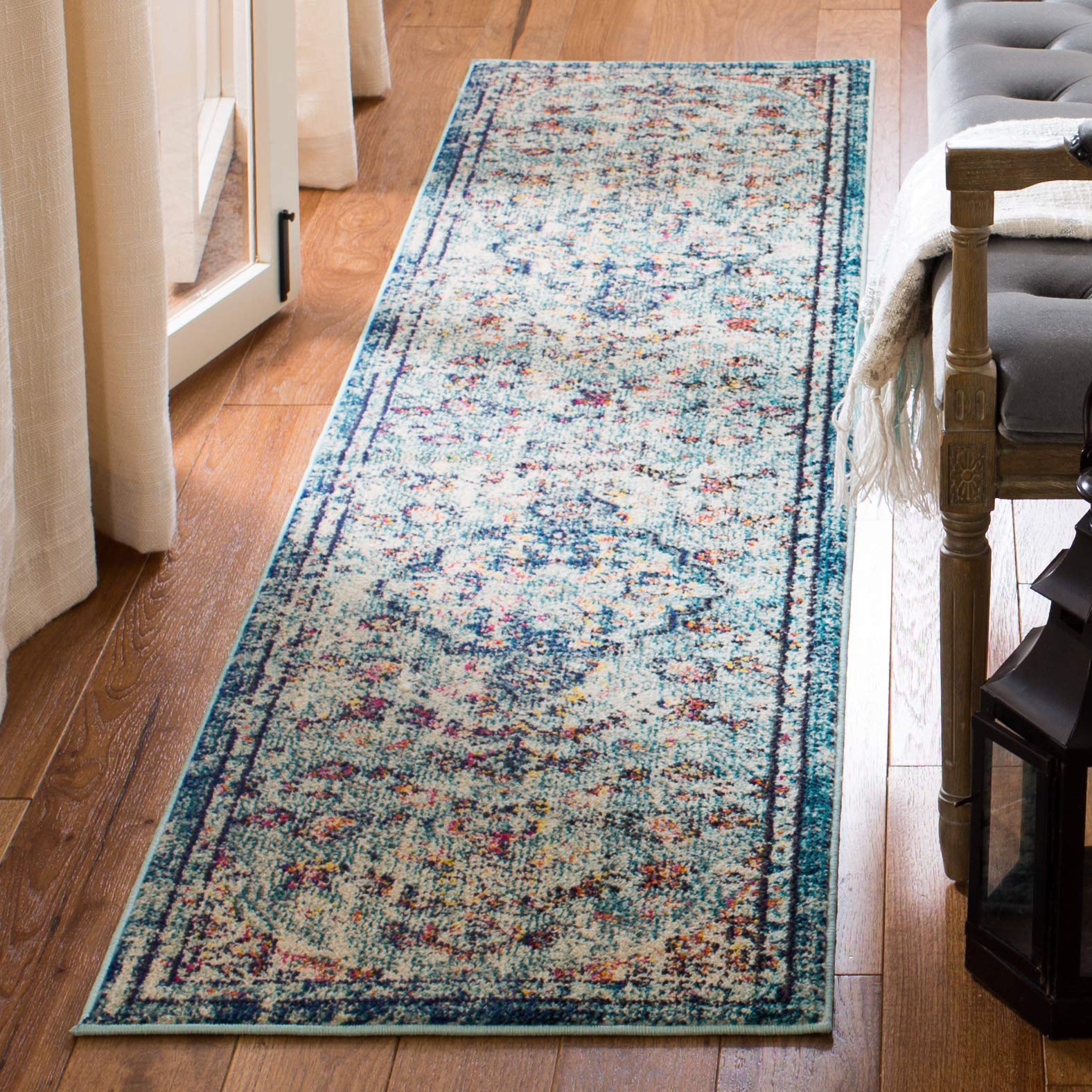 SAFAVIEH Madison Collection Runner Rug - 22 x 6, Navy & Light Blue, Boho Chic Medallion Distressed Design, Non-Shedding & Easy