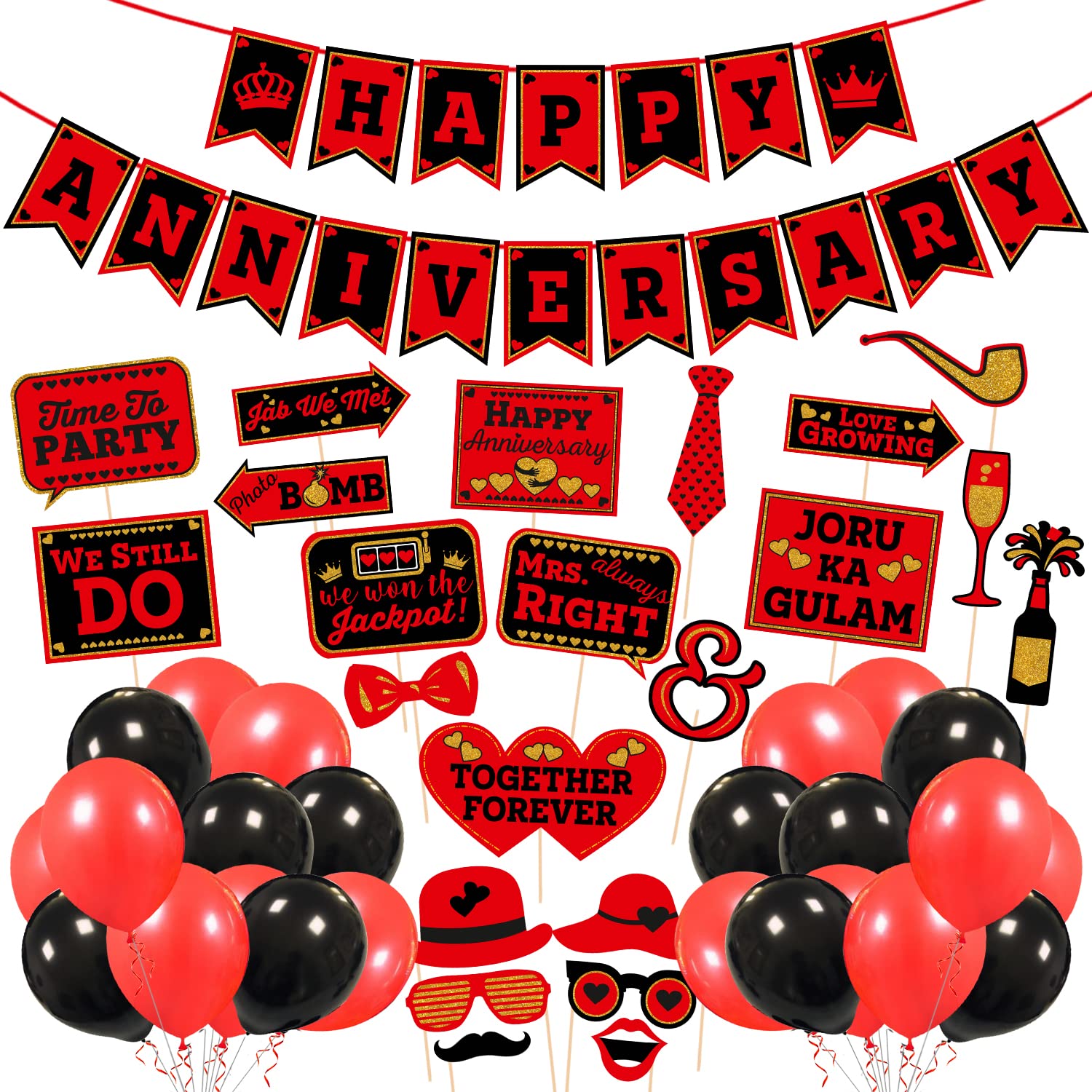 Zyozique Anniversary Red Black Photo Booth Party Props Kit Happy Anniversary Paper Banner, Photo Booth Props and Balloon/Happy 