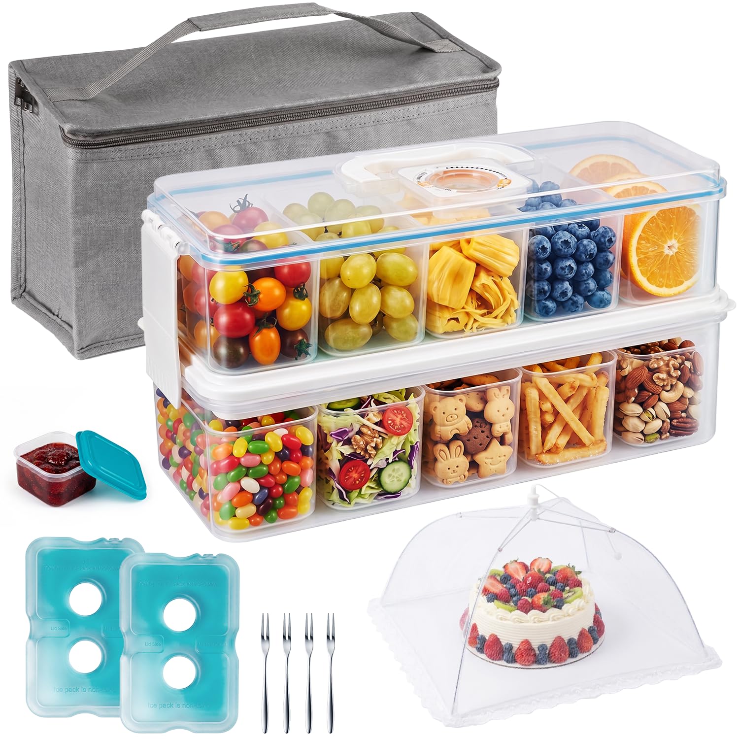 LUIPOIZ Snackle Box Container: Snack Organizer Divided Serving Tray with IcePack, Portable Doublelayer Tray Snackle Box for Fo