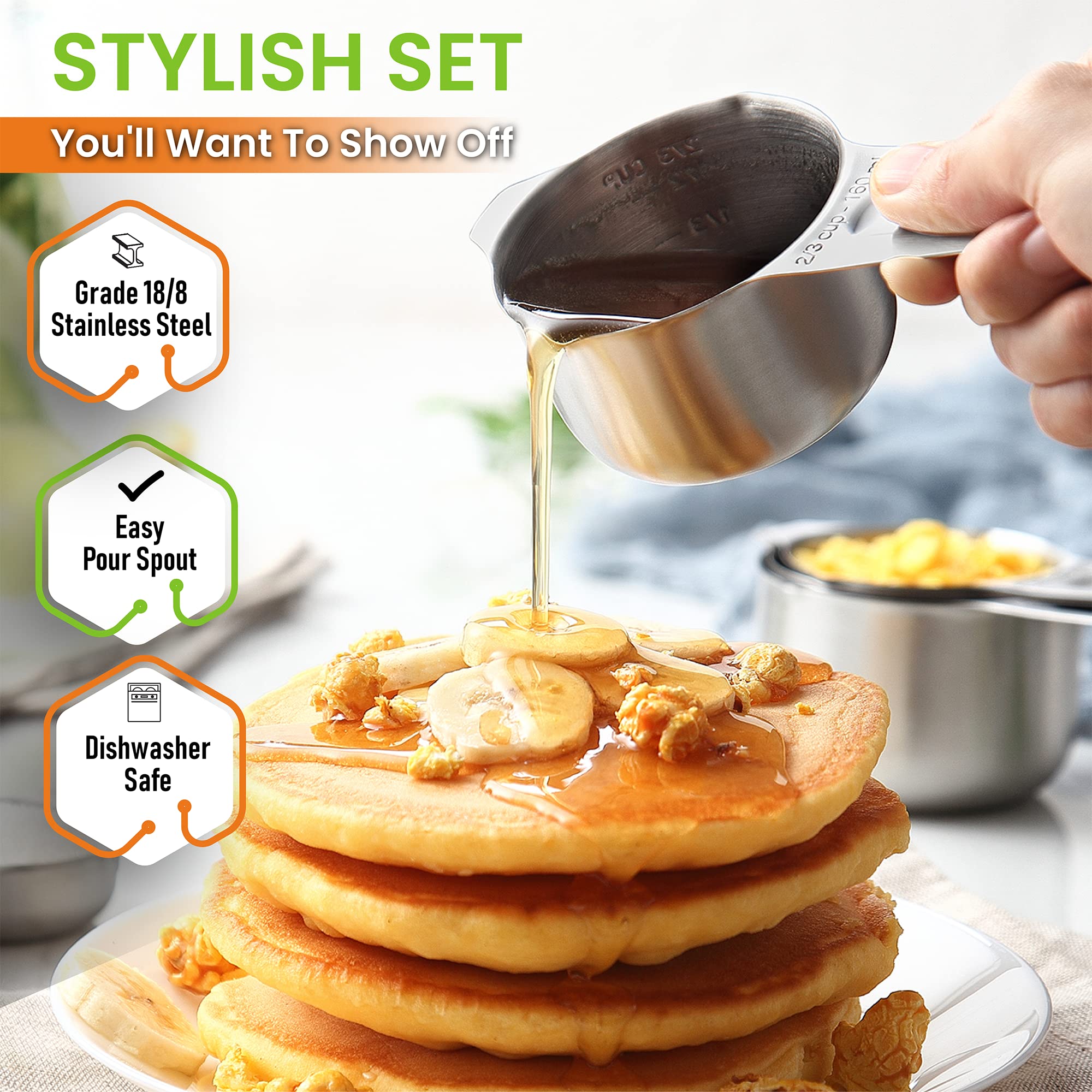 Spring Chef Stainless Steel Measuring Cups Set Of 7 With Pour Spout, Metal Kitchen Tools With Easy To Read Markings For Measurin